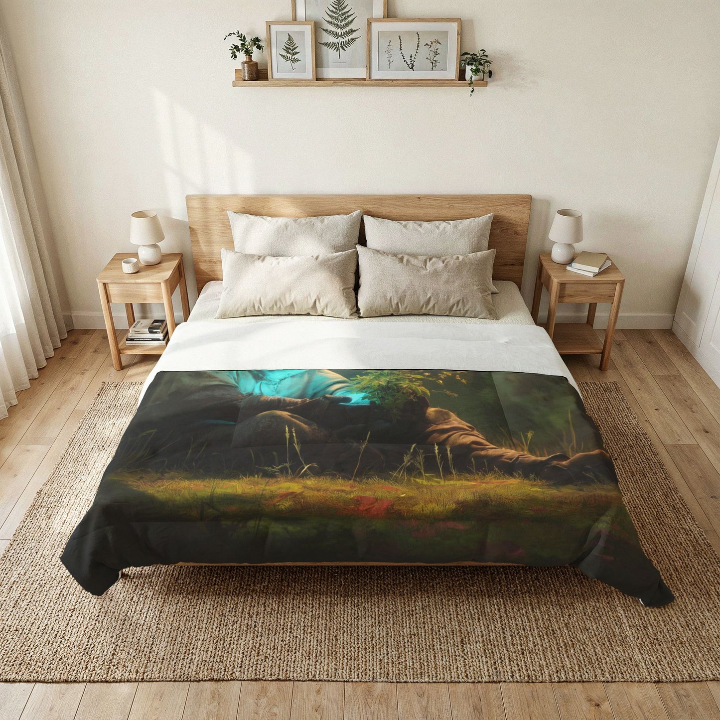 Bioluminescent Gardener Cotton Comforter – Glowing Blue Sentinel in the Grove
