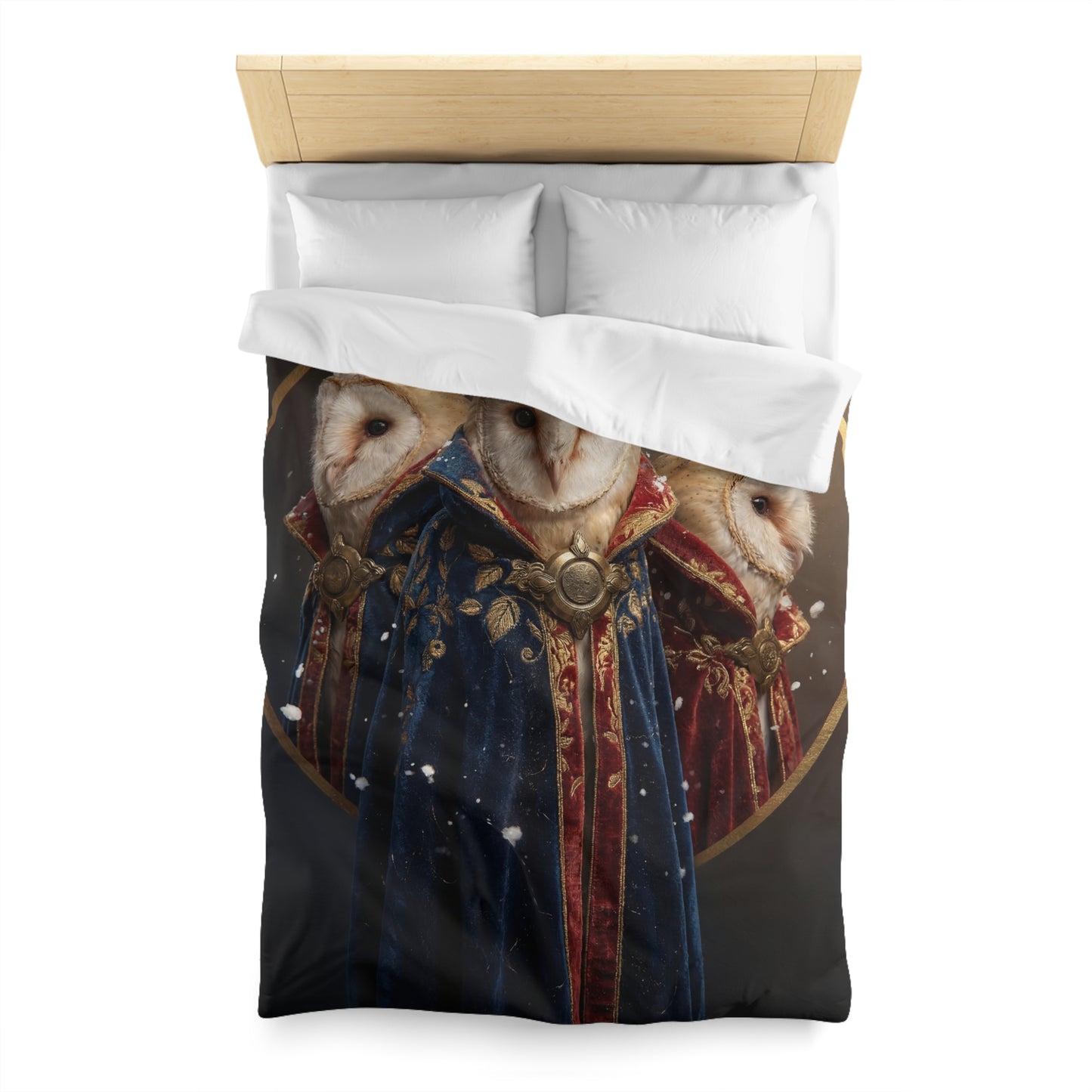 Three Owls in Velvet Cloak Duvet Cover – Winter Courtiers of the Snow