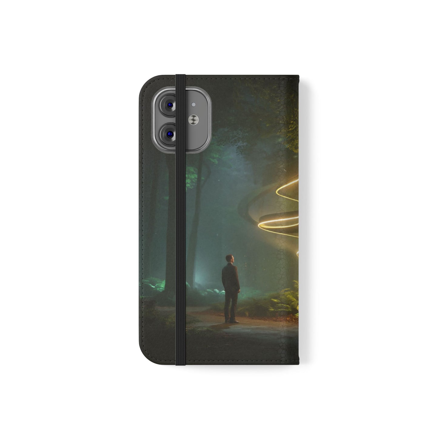Luminous Spiral Forest Flip Cases – Golden Light Rings Mystery Scene