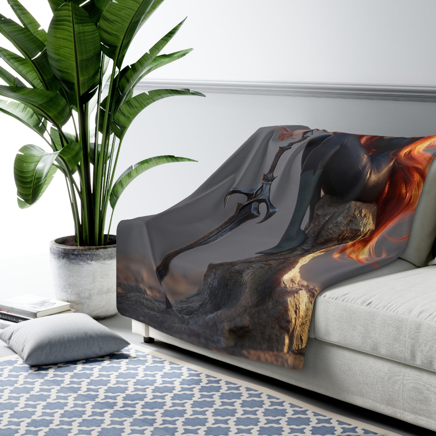 Red-Haired Sentinel Sherpa Fleece Blanket – Sunset Vigil on the Stone
