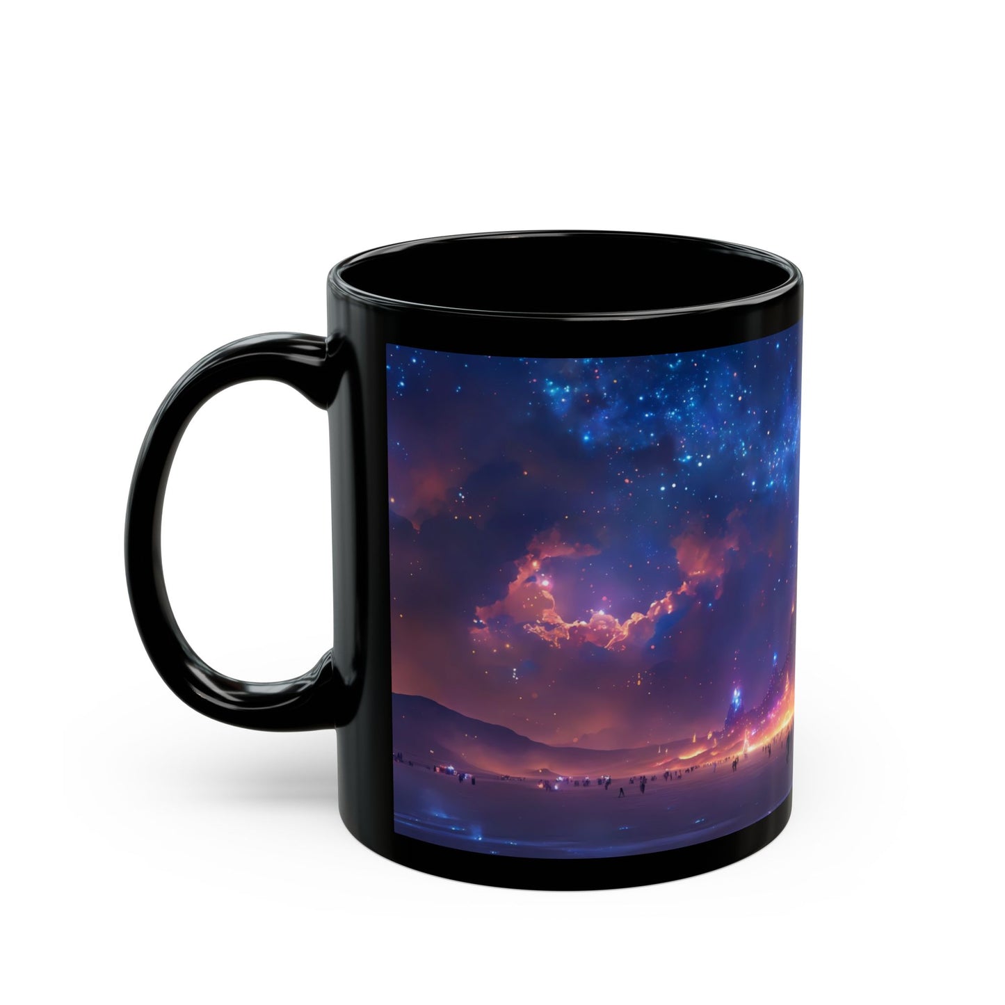 Cosmic Spire Black Mug – Night Sky Citadel Dreamscape
