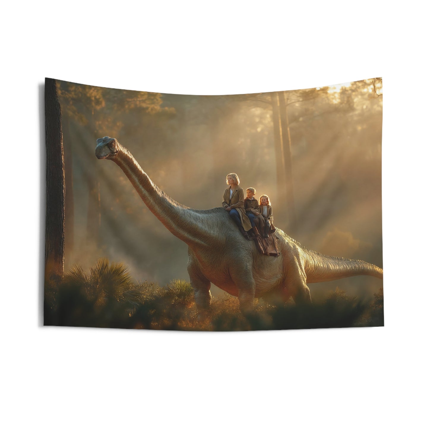 Gentle Dinosaur Ride Indoor Wall Tapestries – Sunset Forest Guardian