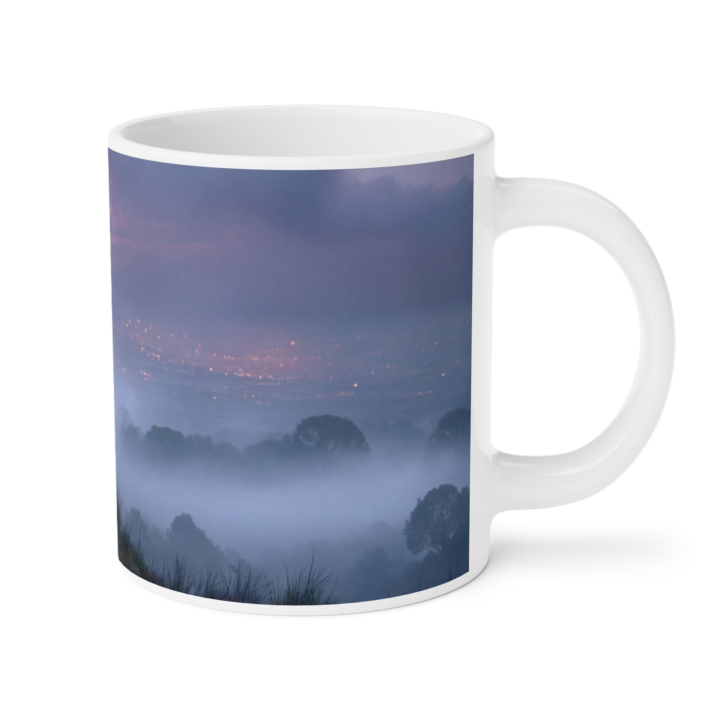 Twilight Sentinel Ceramic Mugs (11oz\15oz\20oz) – Moonlit Peak and Misty Cityscape