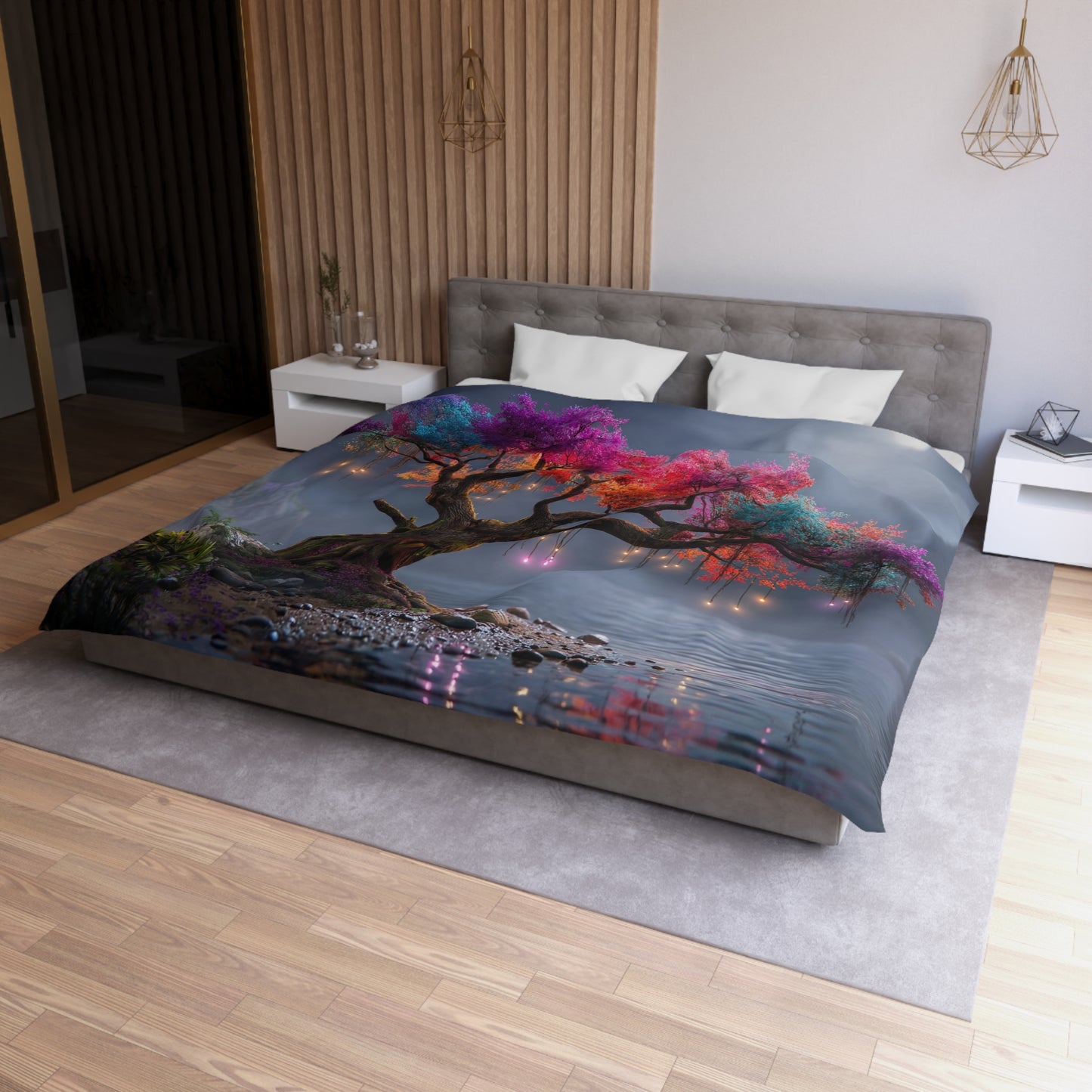 Rainbow Canopy Tree Microfiber Duvet Cover – Moonlit Riverbank Dreamscape