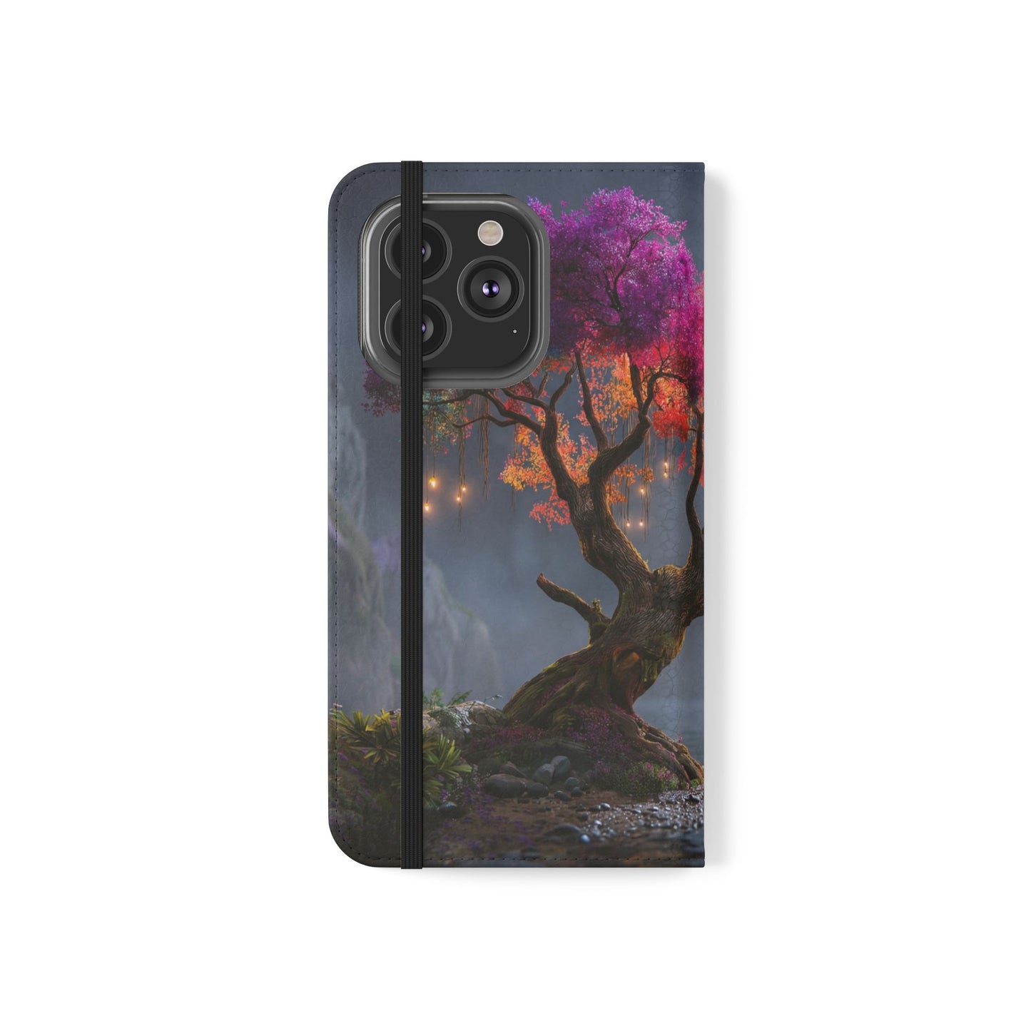 Chromatic Canopy Flip Cases – Rainbow Tree Moonlit Waterfall Scene