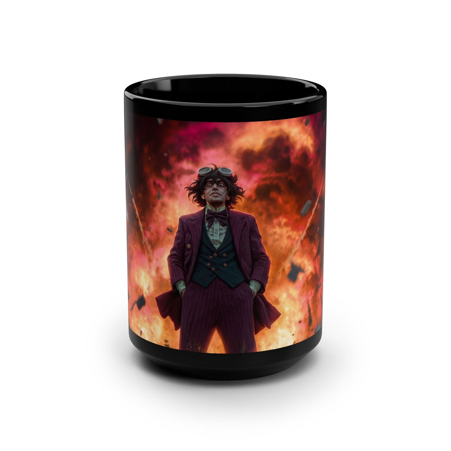 Chaos Suit Black Mug, 15oz – Goggles and Explosive Backdrop