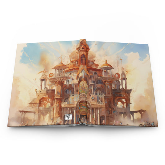 A ancient temple materializing in the heart of the Burning Man festival, its intricate architecture inspiring awe and wonder.  - Hardcover Journal Matte