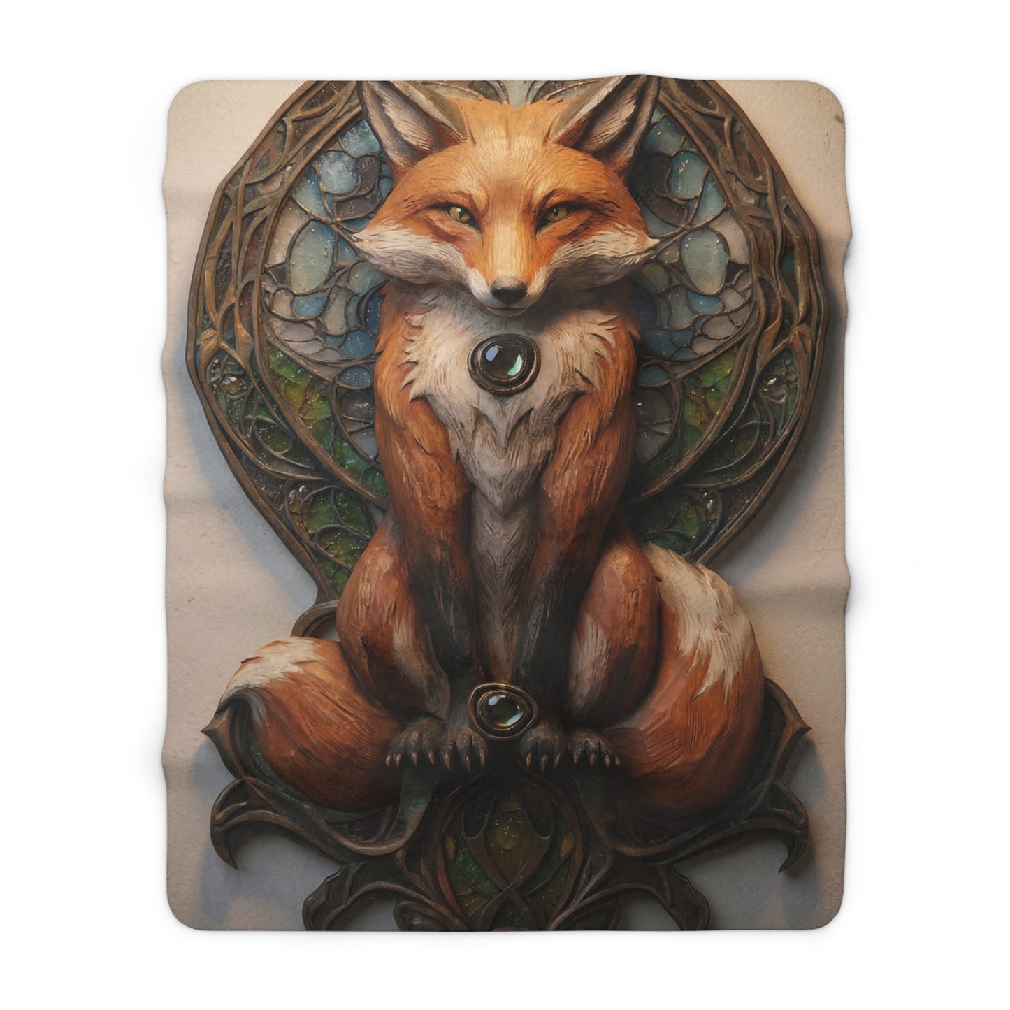 Regal Fox Sentinel Sherpa Fleece Blanket – Stained Glass Guardian Dreamscape