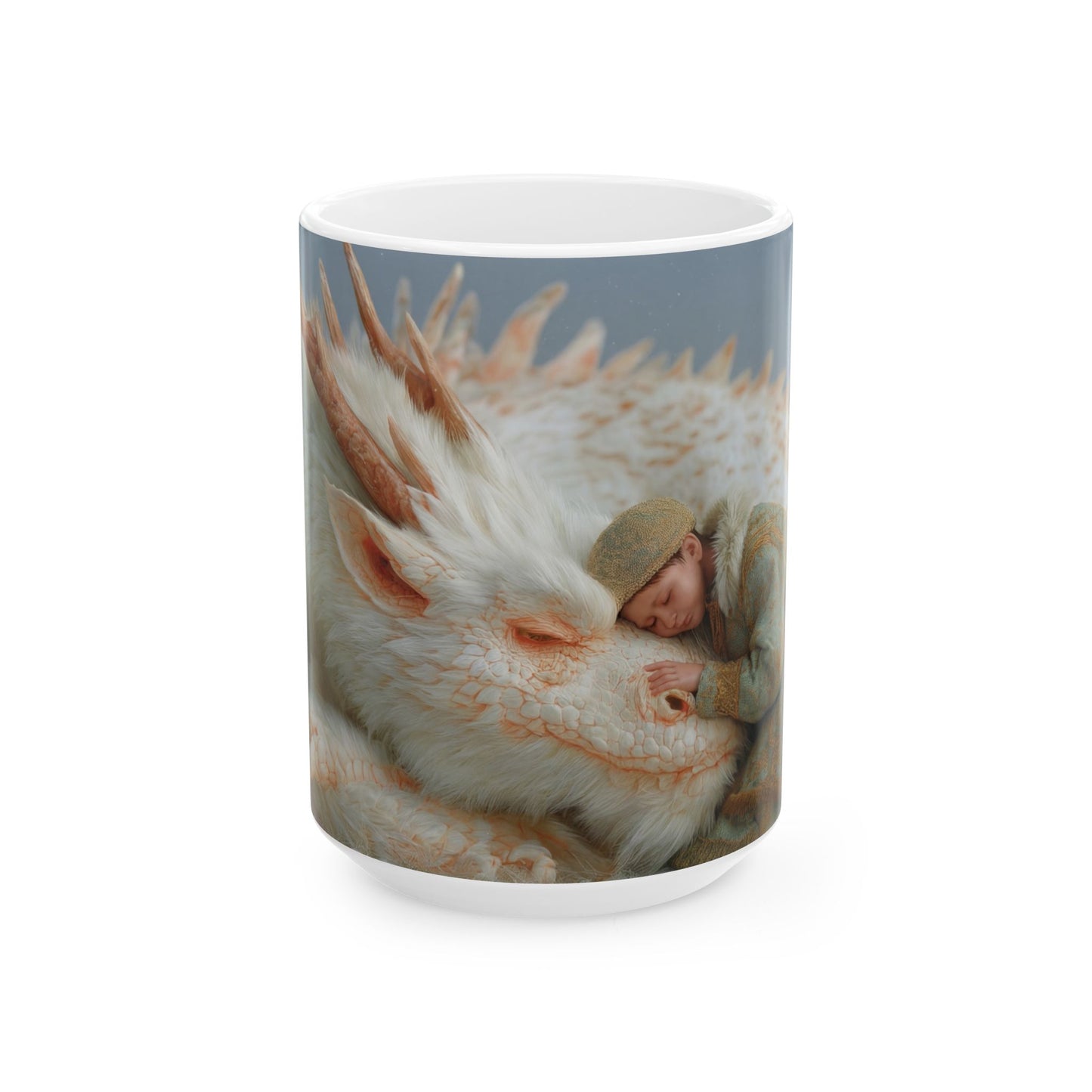 Child and White Dragon Ceramic Mug – Winter’s Gentle Guardian