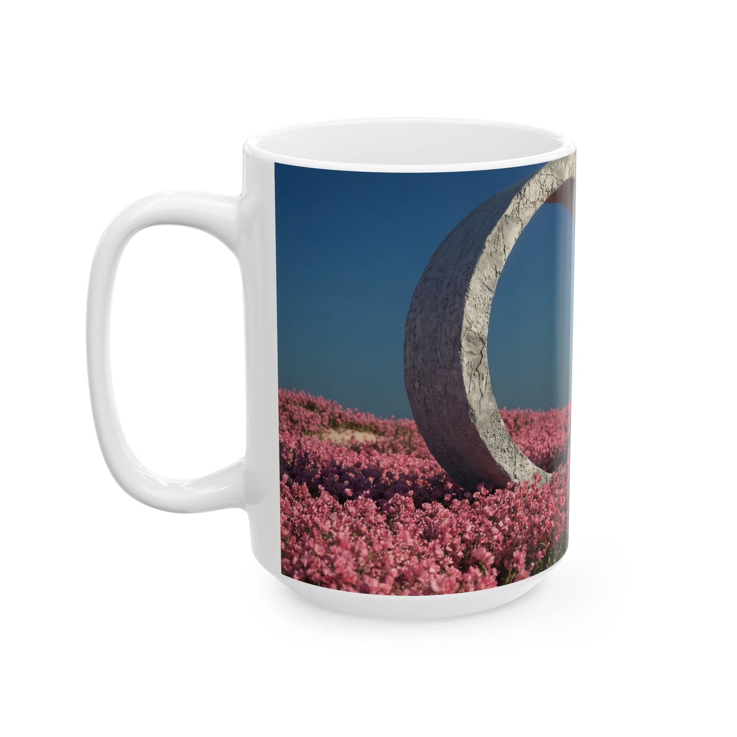 Stone Ring in Pink Bloom Field Ceramic Mug – Serene Portal to Wildflowers