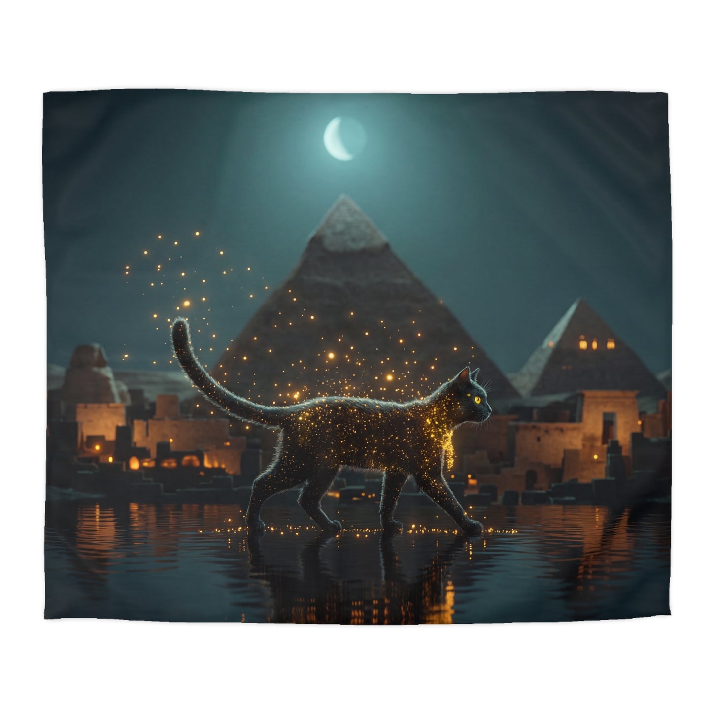 Pharaoh’s Guardian Duvet Cover – Glowing Cat at the Pyramids Microfiber Bedding