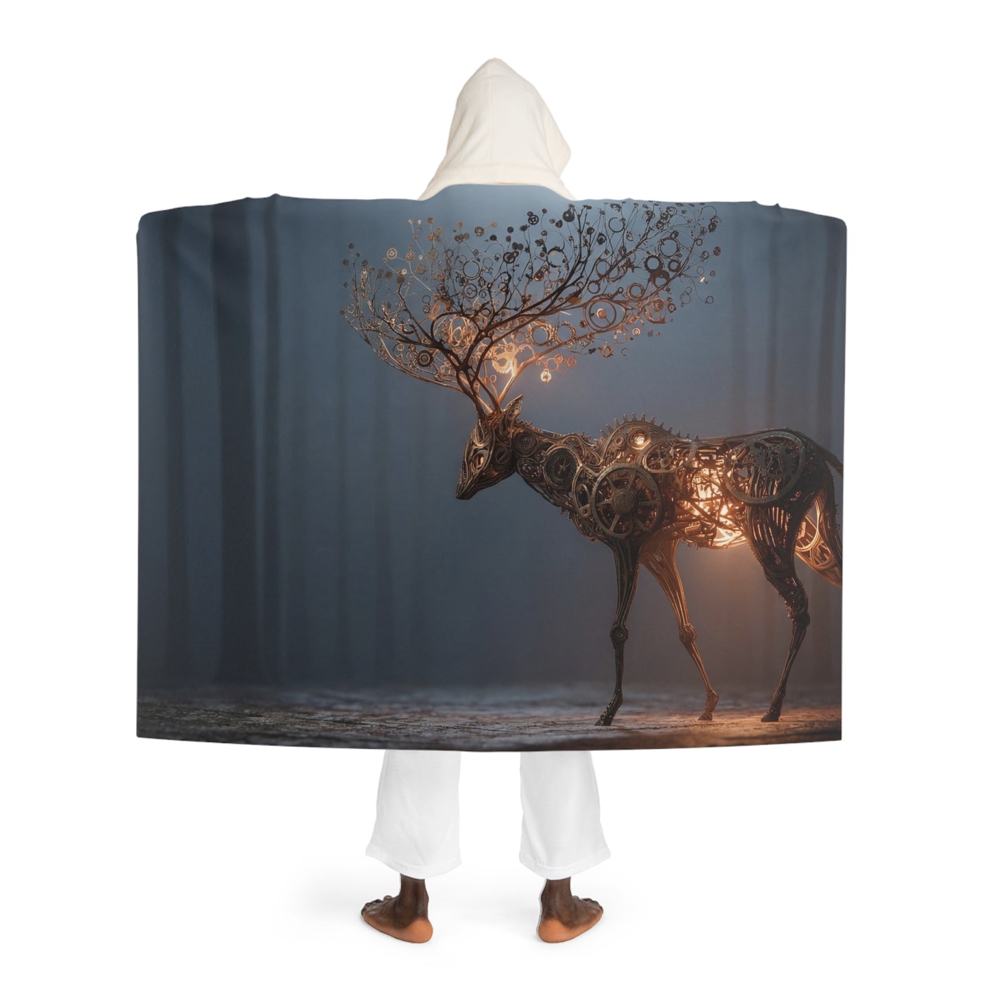 Clockwork Stag Hooded Sherpa Fleece Blanket – Luminescent Forest Sentinel