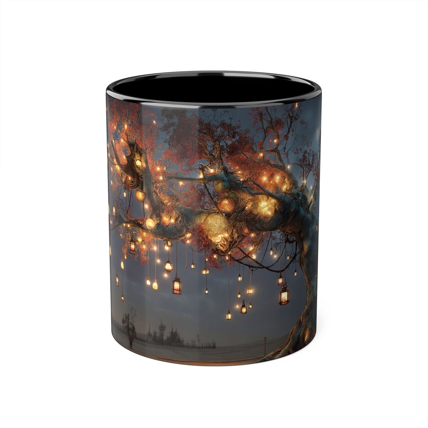 Lantern-Heavy Tree Accent Mugs, 11oz – Amber Glow Over Blue-Glowing Roots