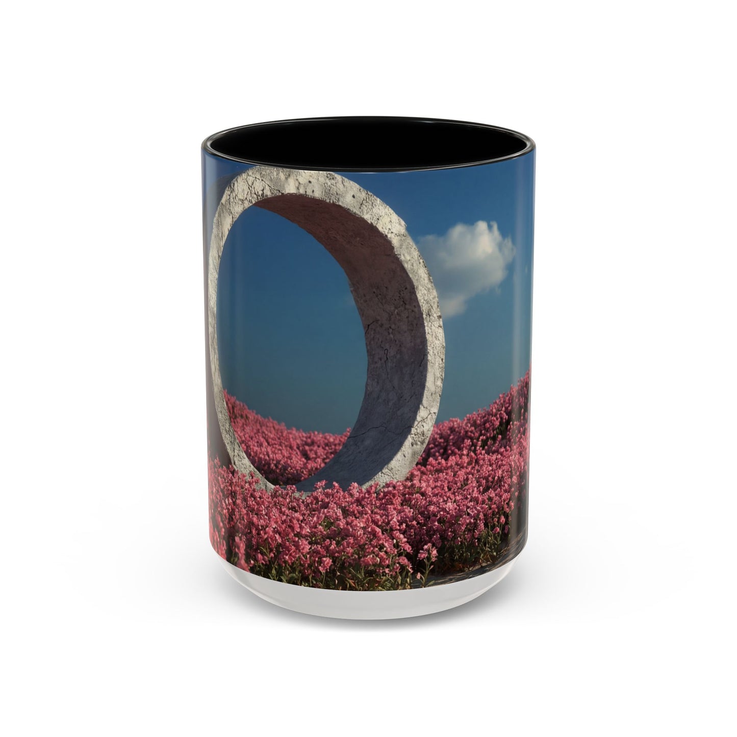Stone Ring Garden Bloom Accent Coffee Mug – Cracked Concrete Portal in Pink Wildflowers
