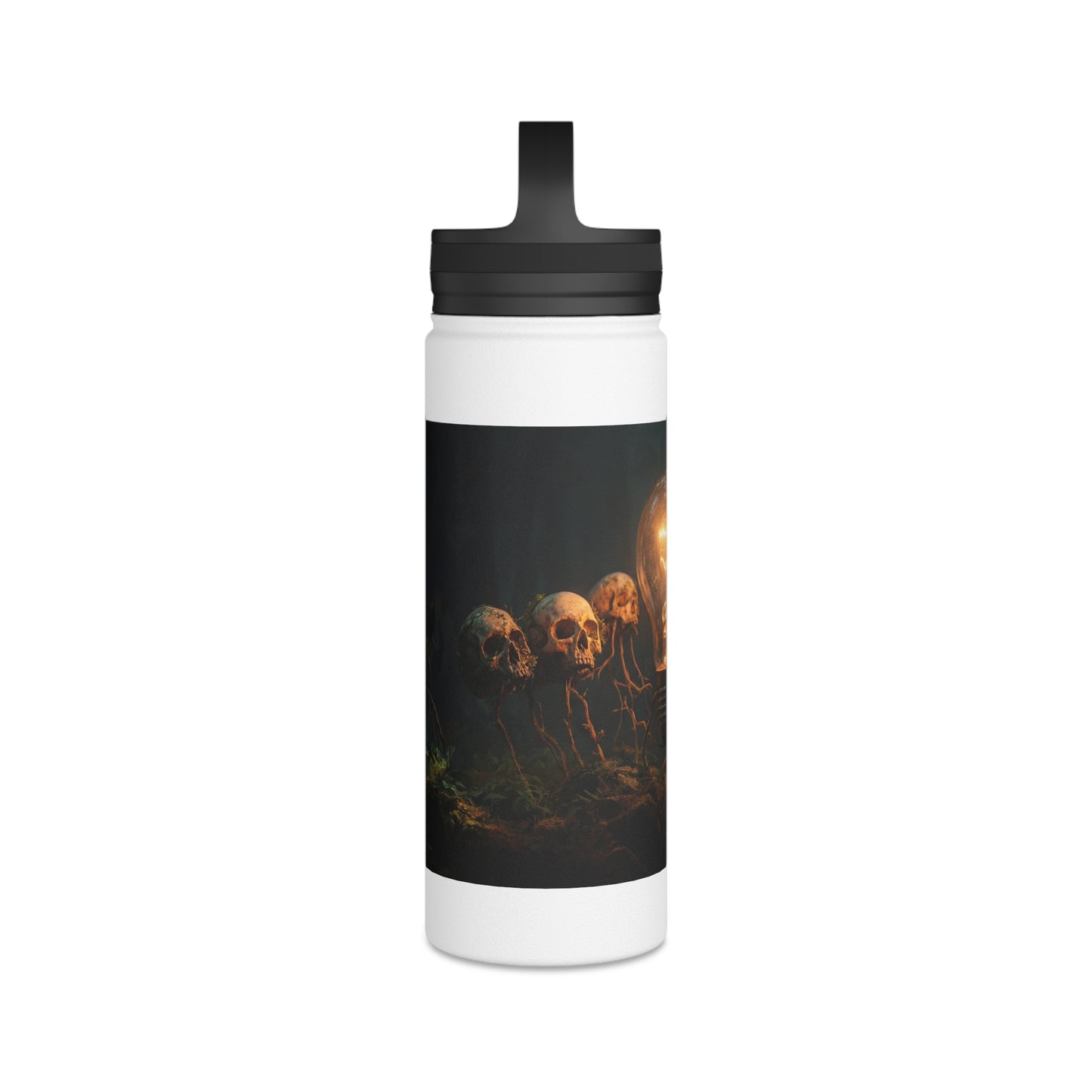Glowing Lightbulb in Haunted Forest Stainless Steel Water Bottle, Handle Lid – Illuminated Wisdom Amidst the Roots