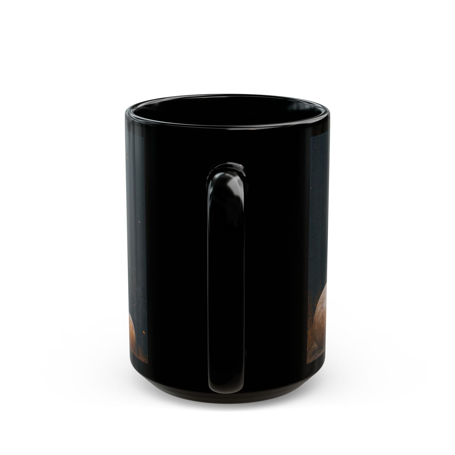 Celestial Weaver Black Mug – Cosmic Threads in Amber Robes