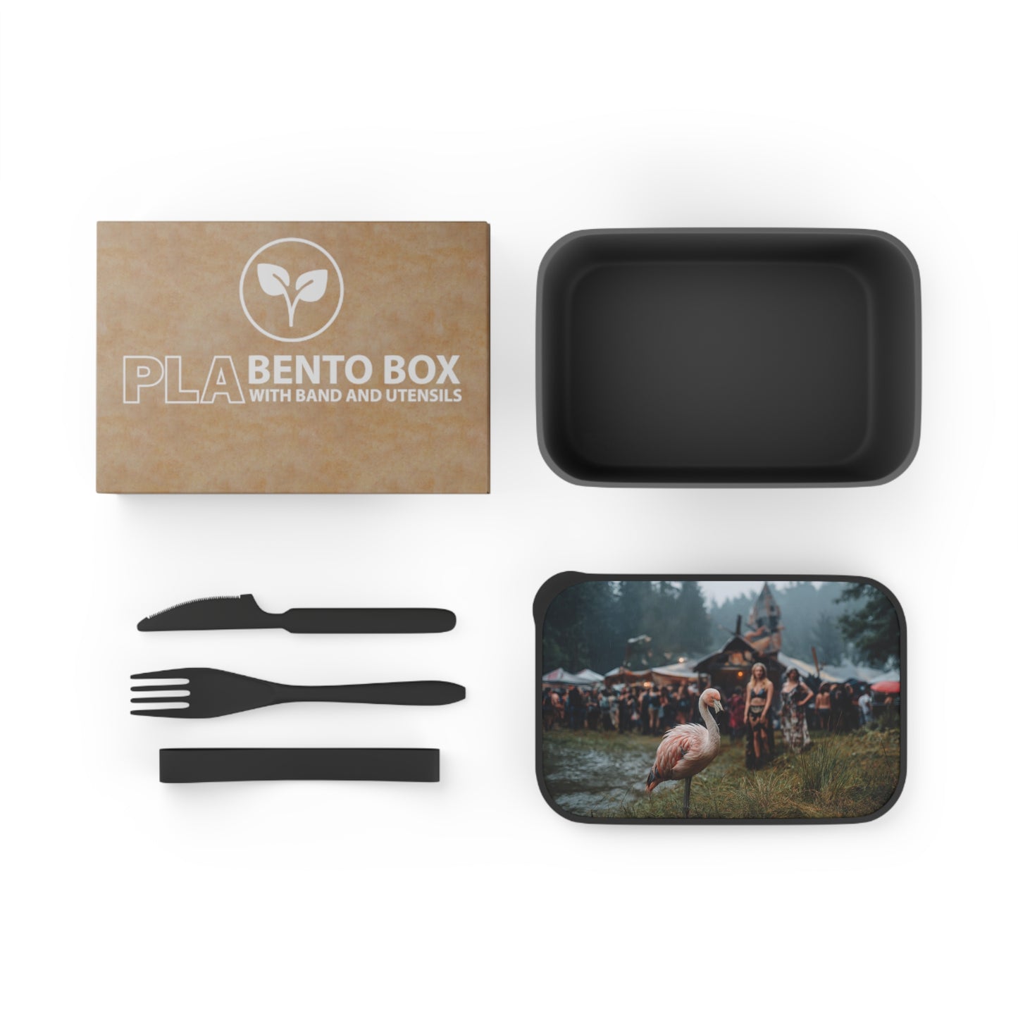 Rain-Slicked Flamingo PLA Bento Box with Band and Utensils – Forest Festival Serenity