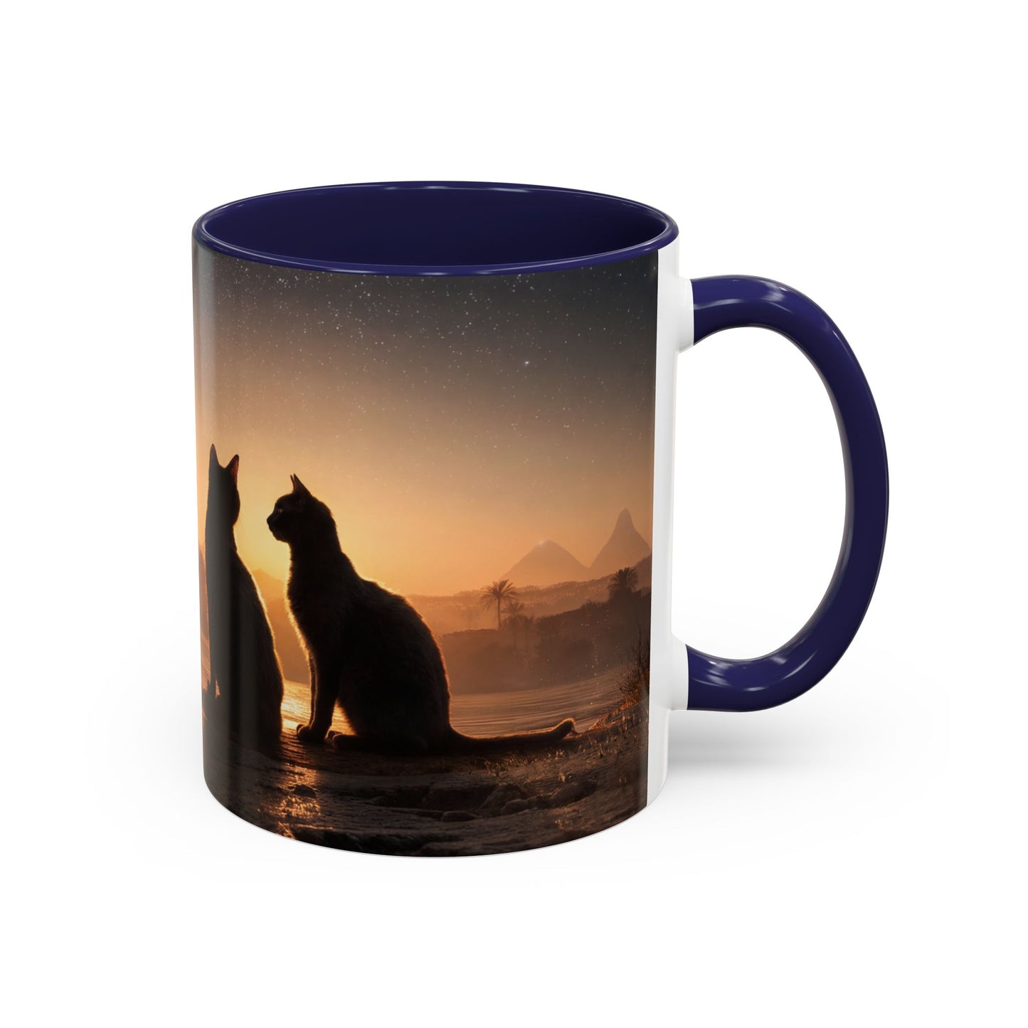 Starry Nile Guardian Cats Accent Coffee Mug (11, 15oz) – Ancient Pyramids Milky Way