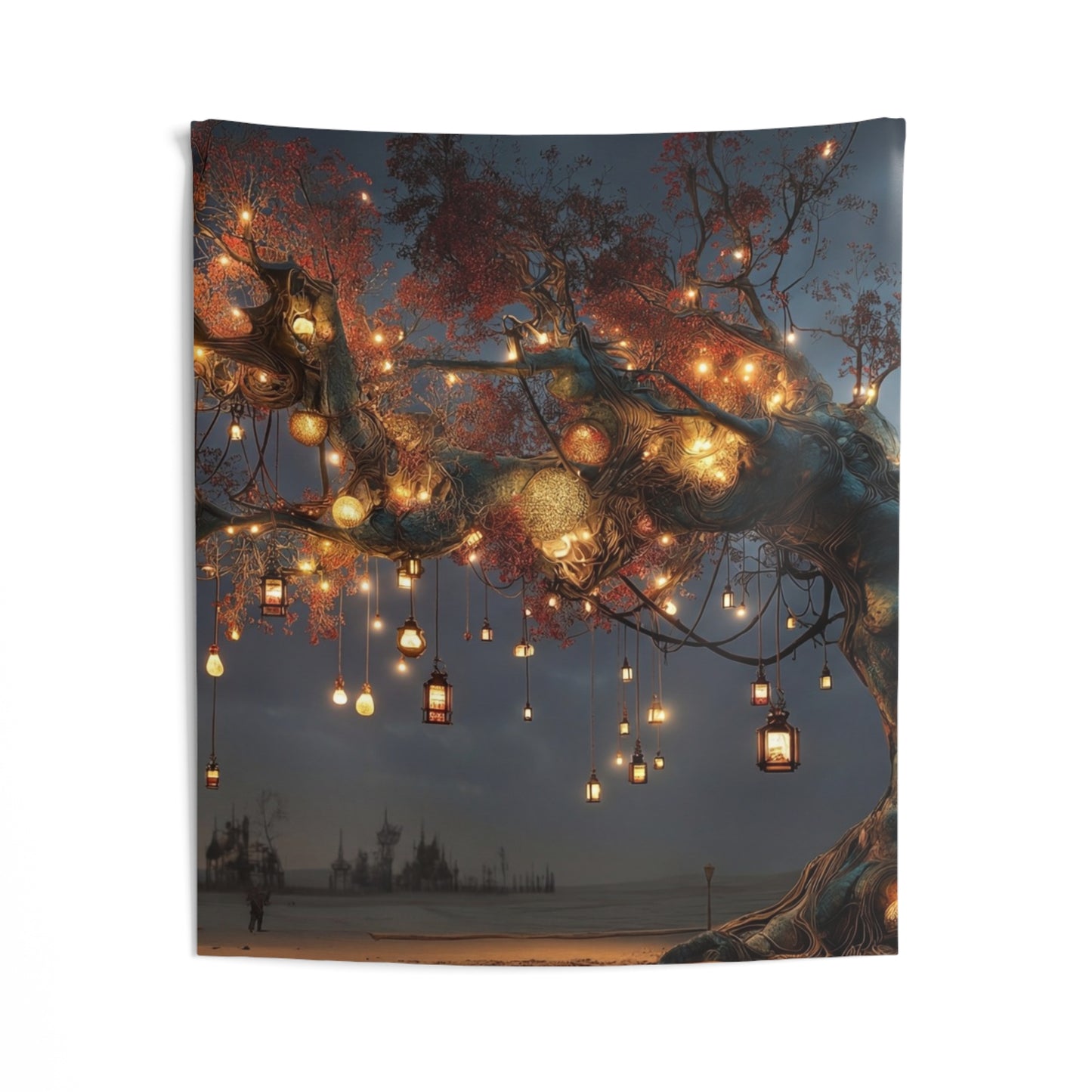 Lantern Tree Wall Tapestry – Desert Nightscape with Glowing Lights
