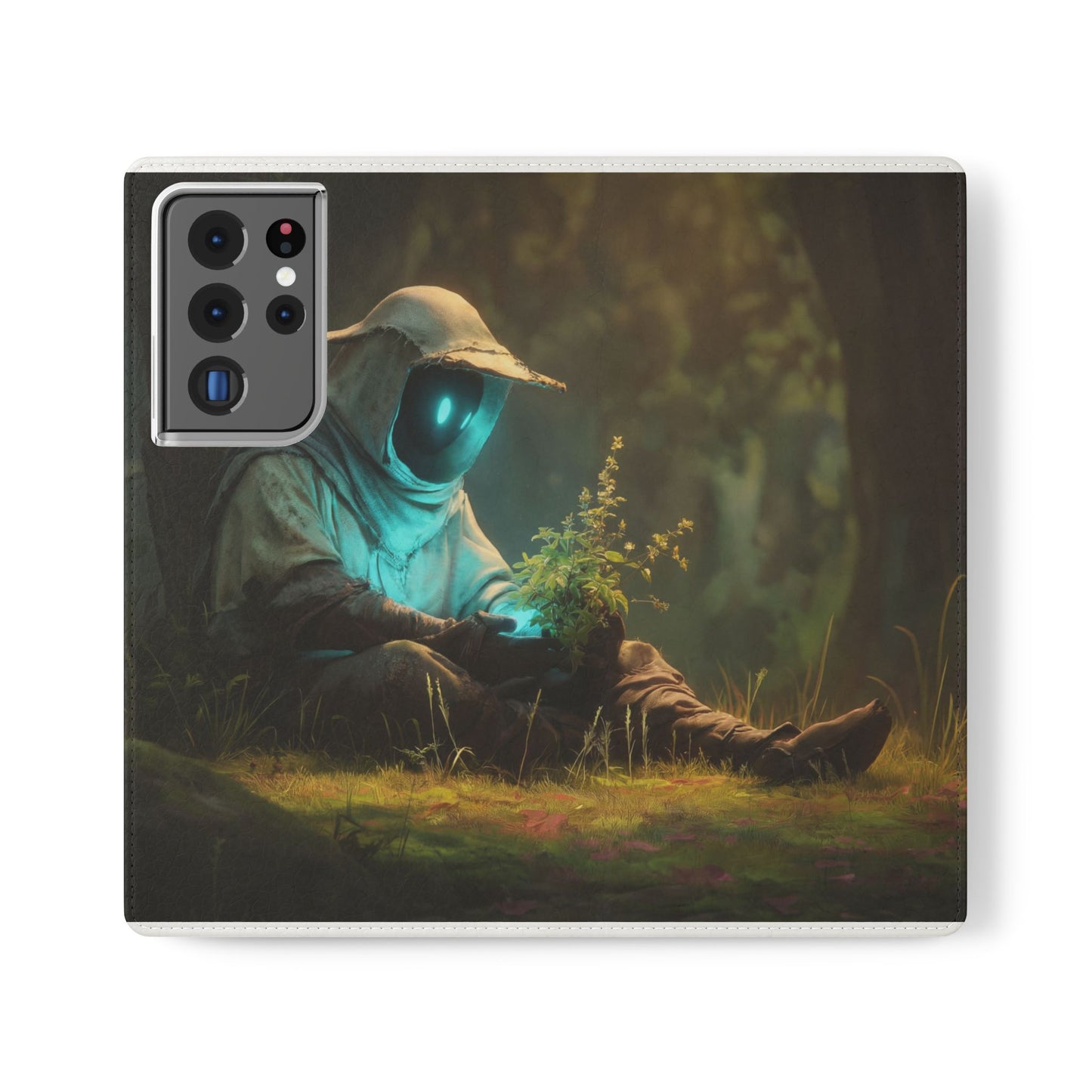 Glowing Orb Hooded Guardian Flip Cases – Bioluminescent Forest Keeper
