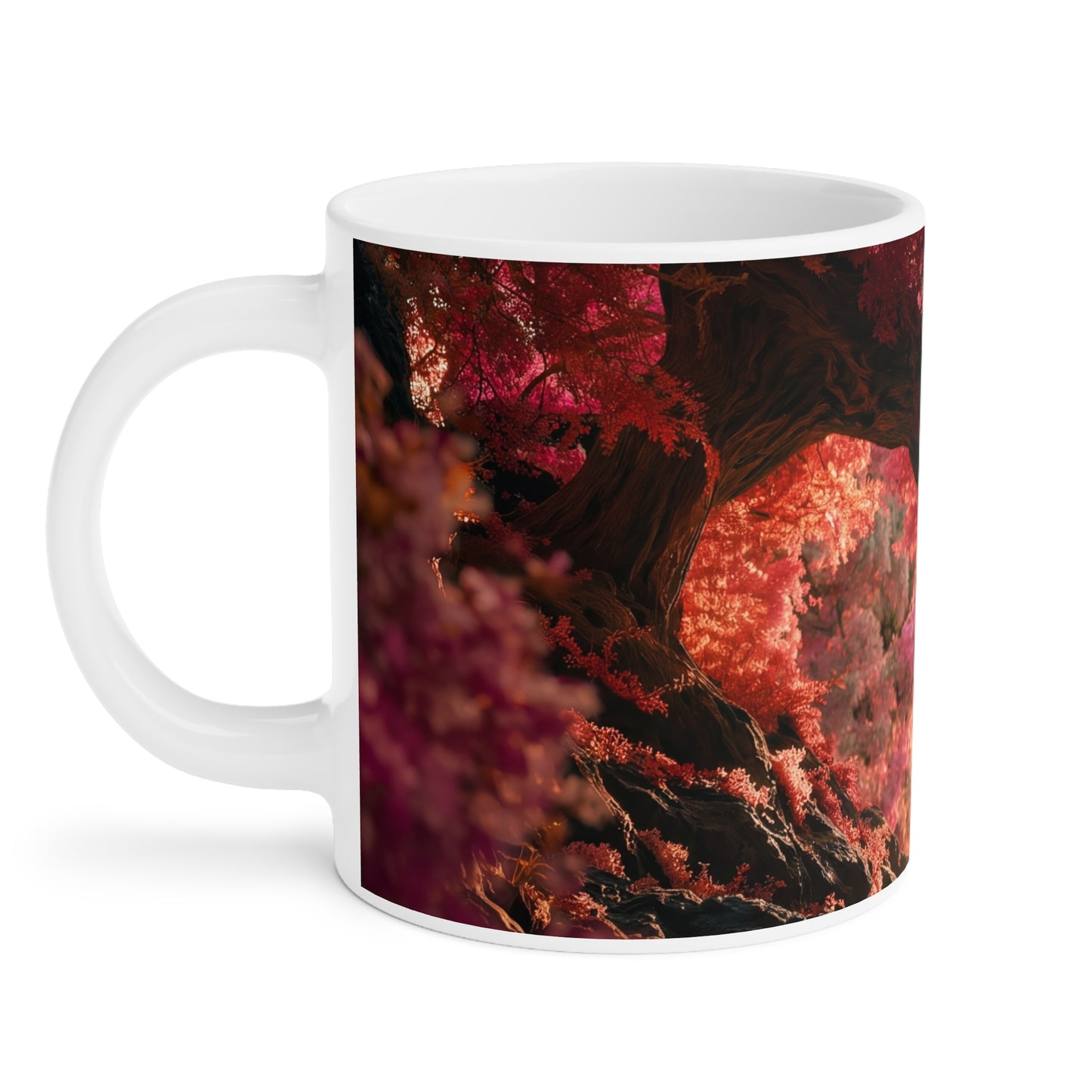 Crimson Canopy Ceramic Mugs (11oz\15oz\20oz) – Whispering Love in a Heartwood Grove