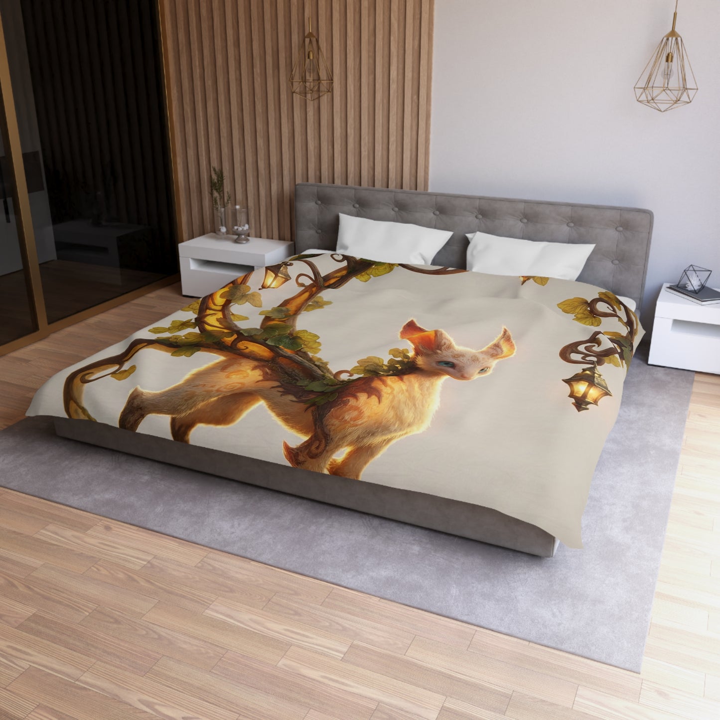 Moonlit Sentinel Microfiber Duvet Cover – Whimsical Feline Guardian in Iron Archway