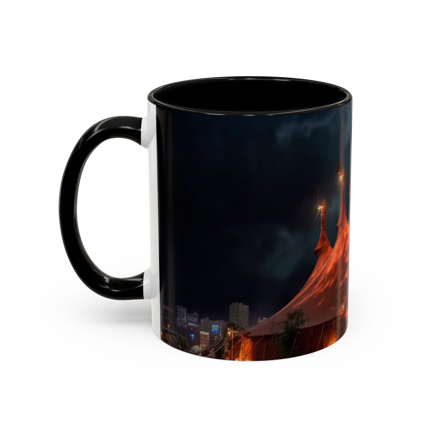 Crimson Circus Tent Accent Coffee Mug (11, 15oz) – Neon Nightscape Under Thunderclouds