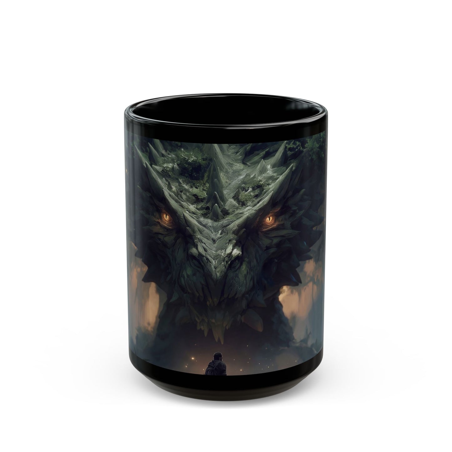 Ancient Dragon Guardian Black Mug – Forest Cathedral at Dusk