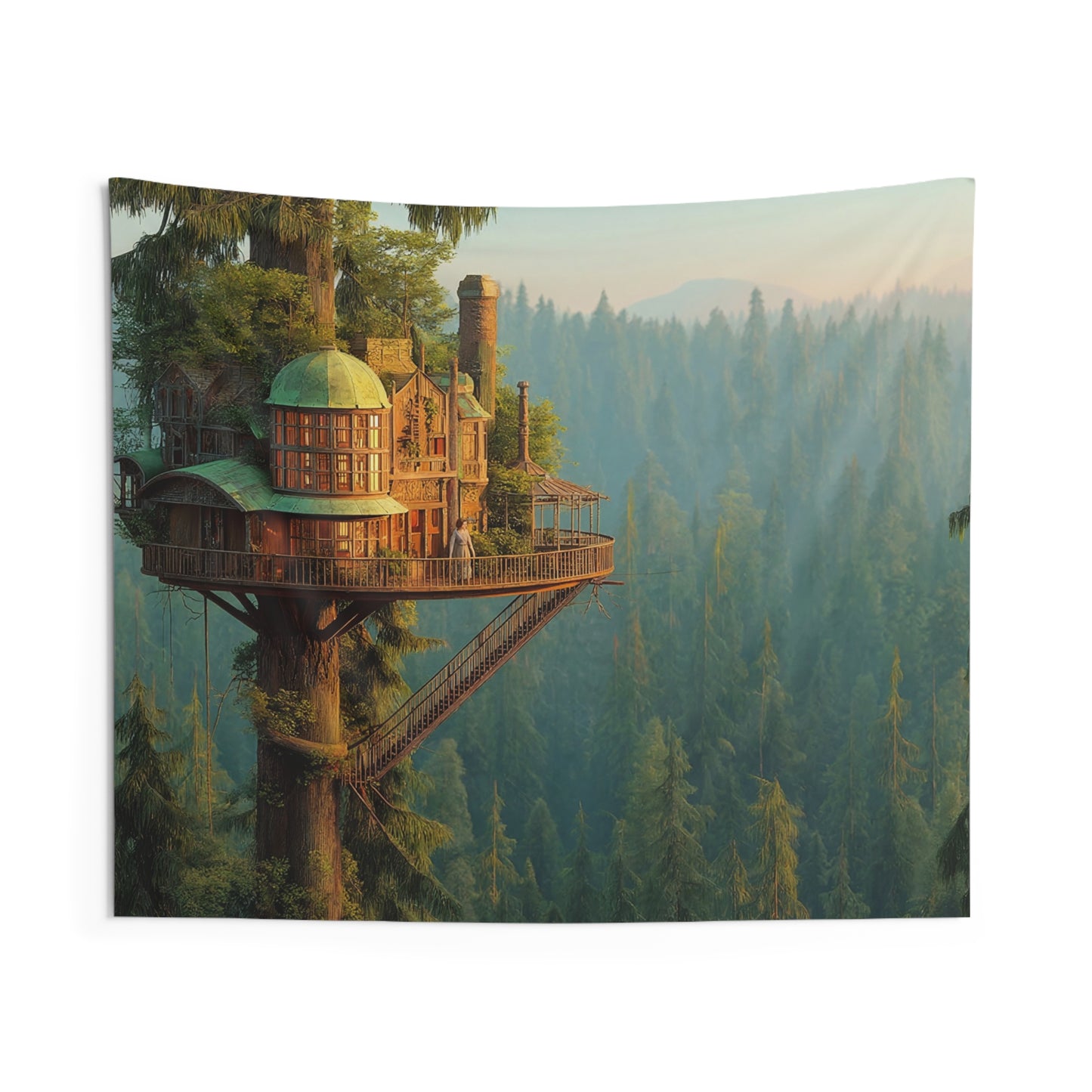 Treehouse Sentinel Indoor Wall Tapestries – Dawn’s Embrace in the Ancient Canopy