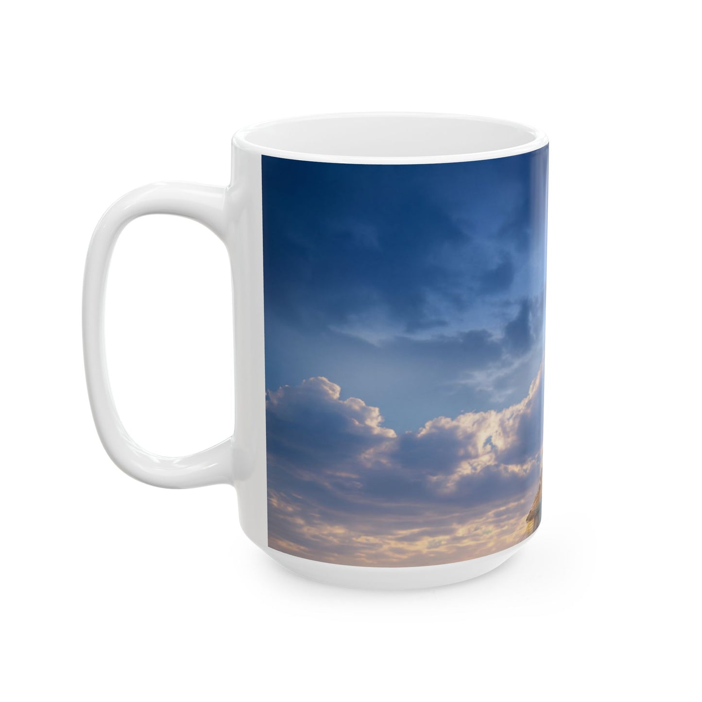 Skyborne Lighthouse Ceramic Mug – Twilight Beacon in the Clouds