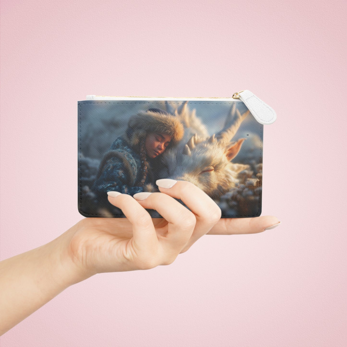 Winter’s Whisper Mini Clutch Bag – Girl and Snow Dragon Resting Together