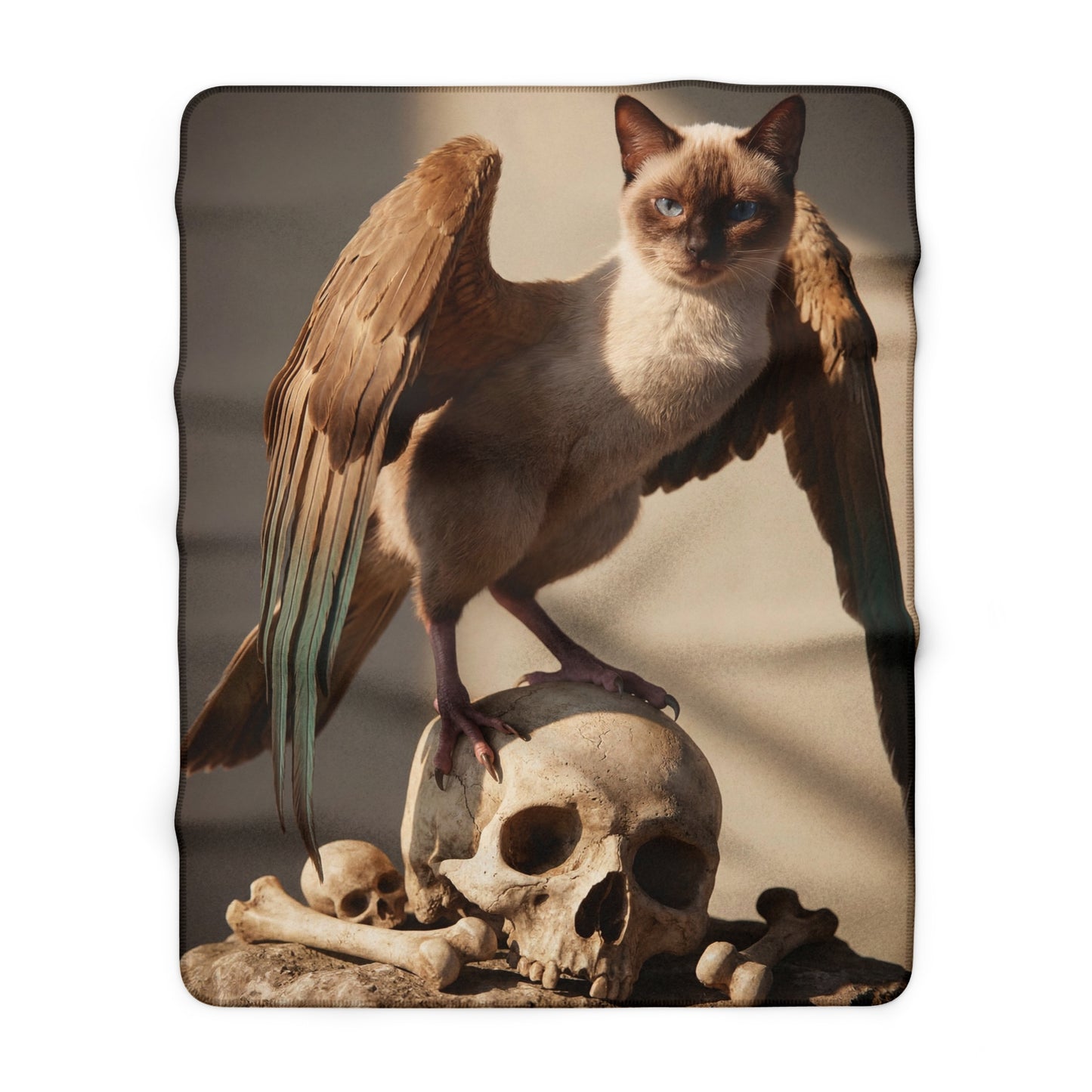 Winged Siamese Cat Guardian Sherpa Fleece Blanket – Skeletal Sentinel Warmth
