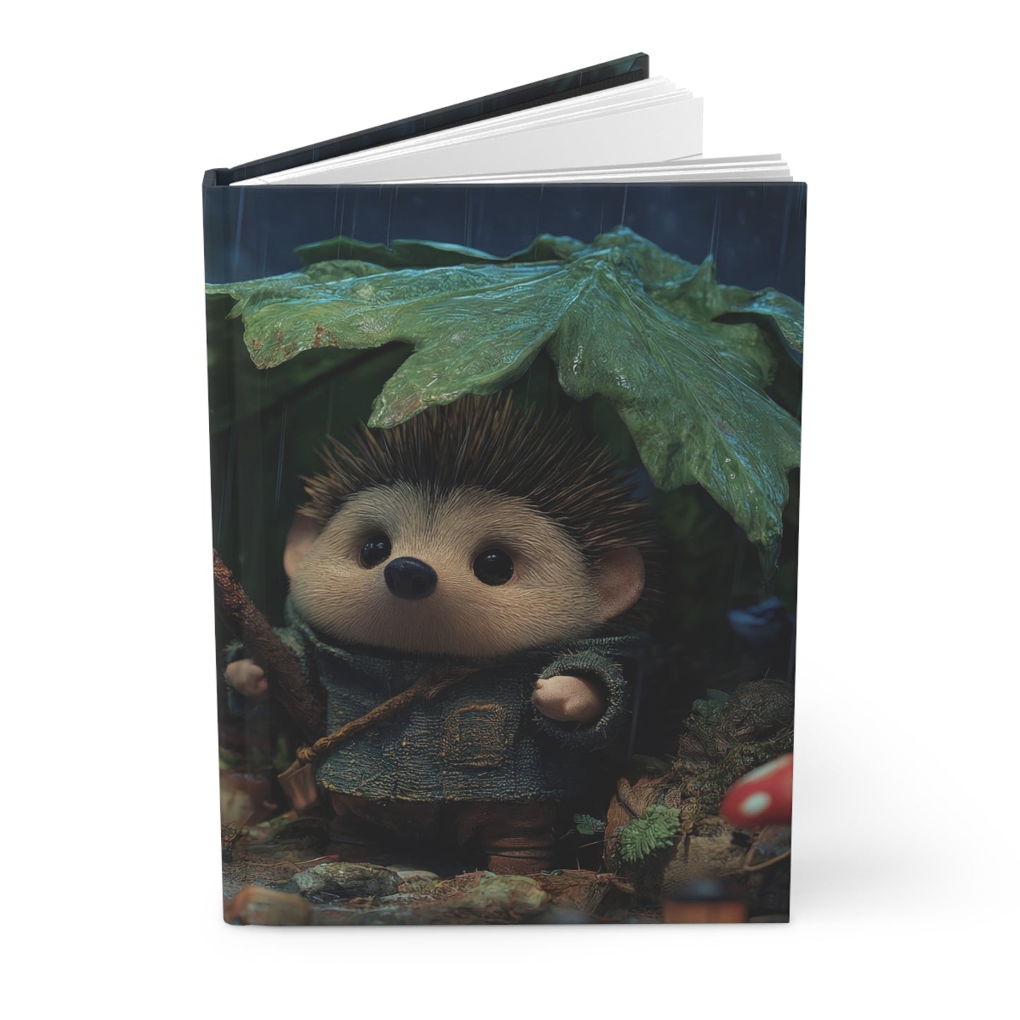 Rain-Slicked Forest Hedgehog Journal Matte – Tiny Explorer Under Giant Leaf