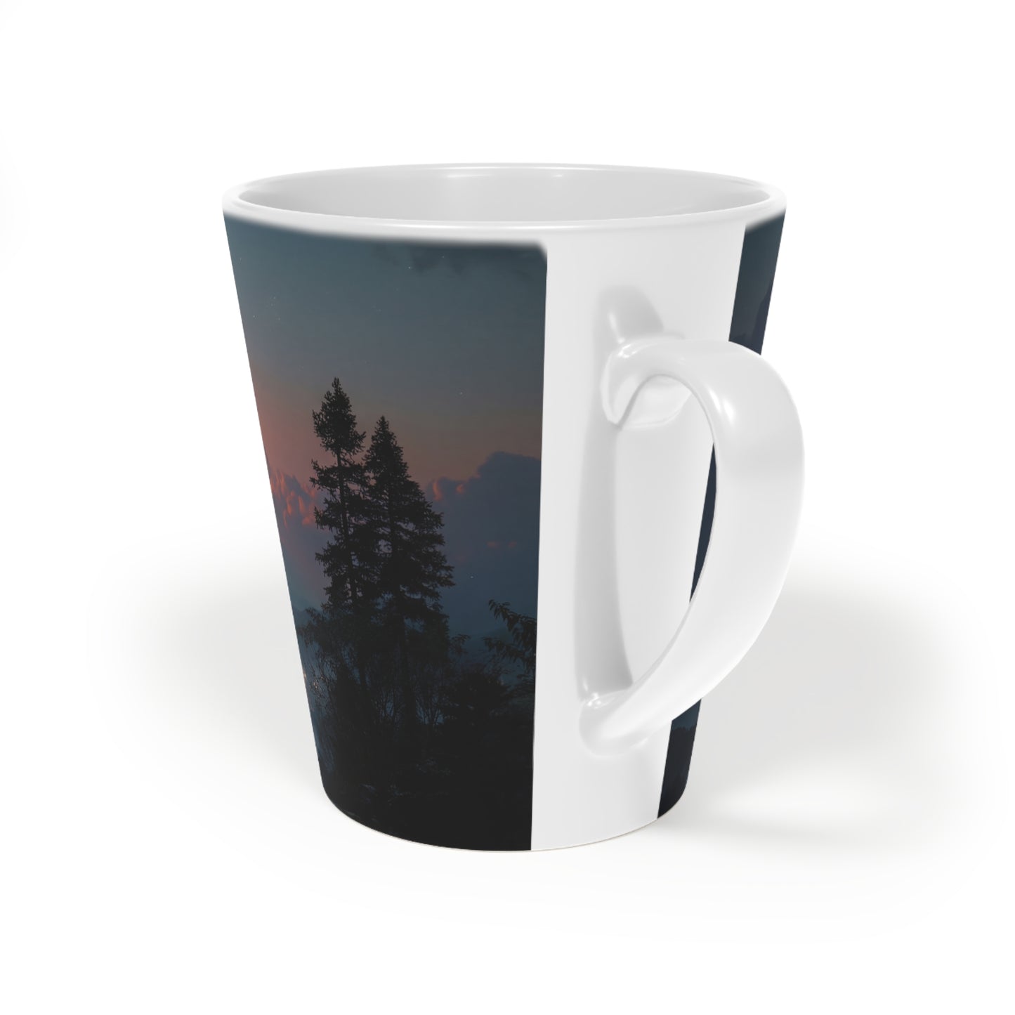 Celestial Fireball Latte Mug, 12oz – Meteor Over Mountain Cityscape