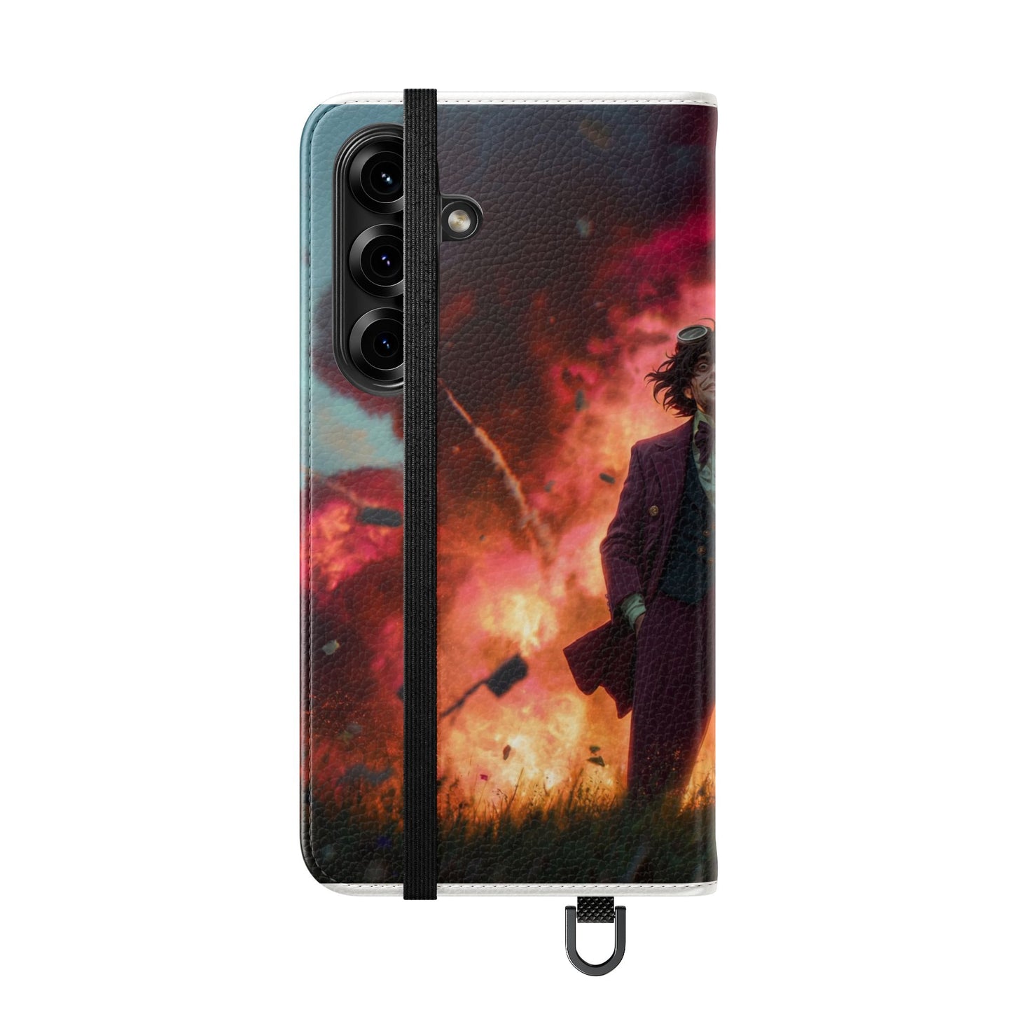 Goggles & Chaos Flip Cases – Purple Suit Amidst Fiery Explosion
