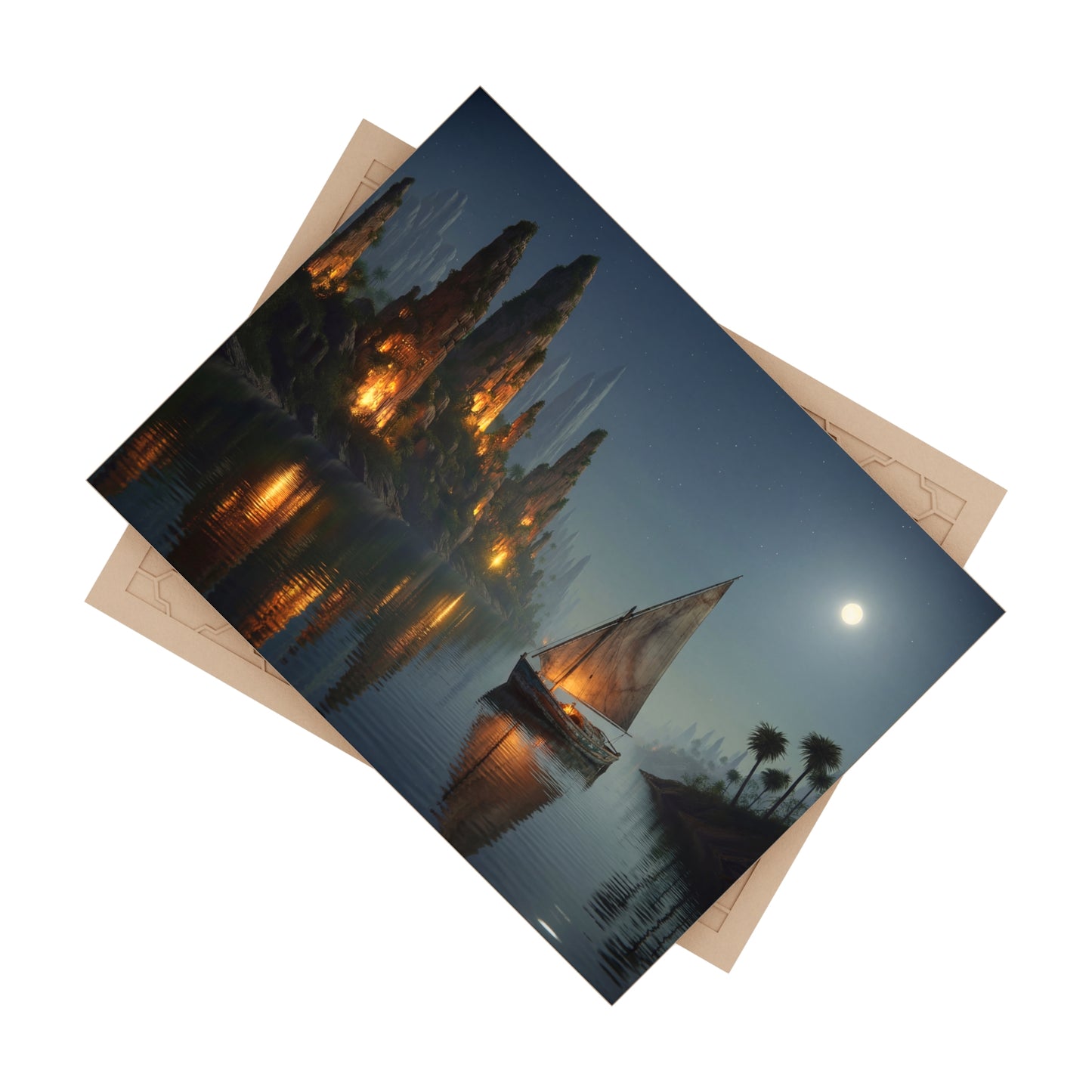 Moonlit River Voyage Ceramic Photo Tile – Warm Light Through Ancient Peaks