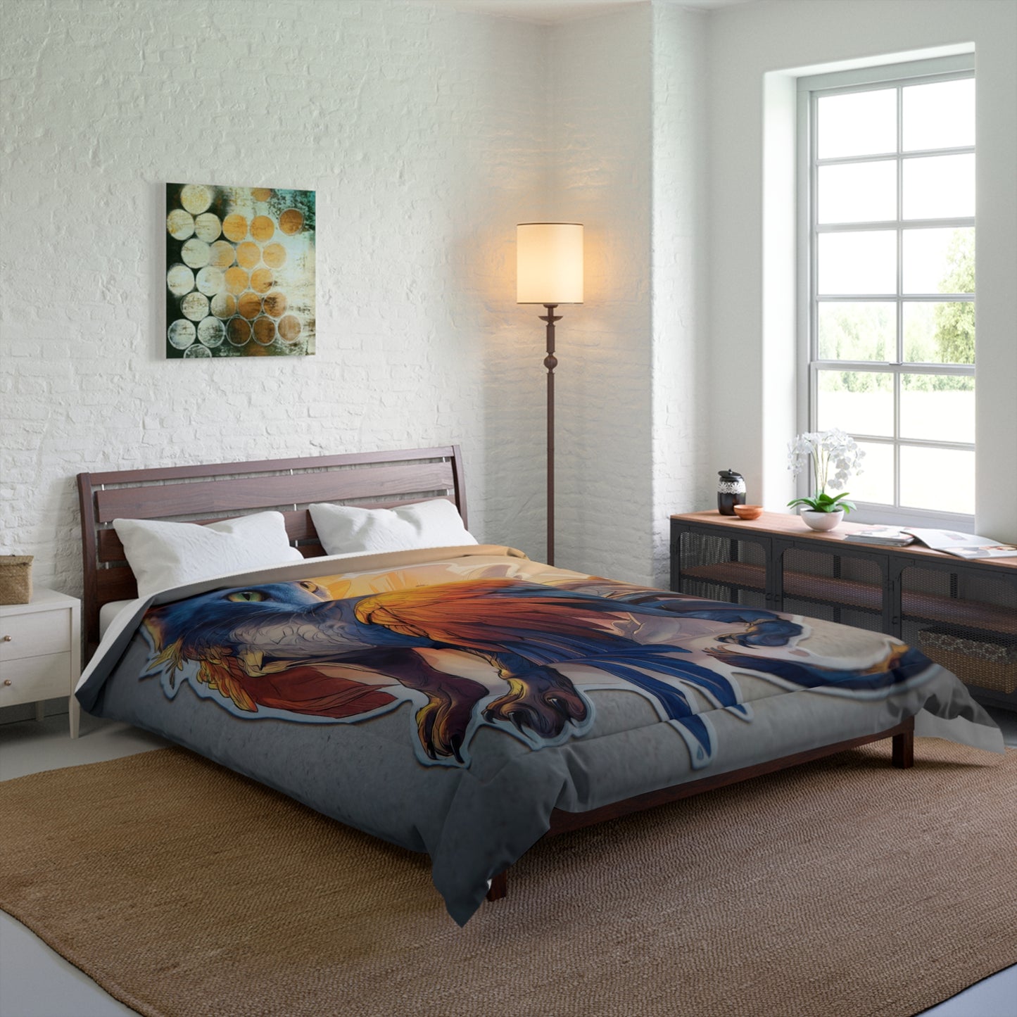 Azure Winged Cat Comforter – Sunset Feather Dreamscape