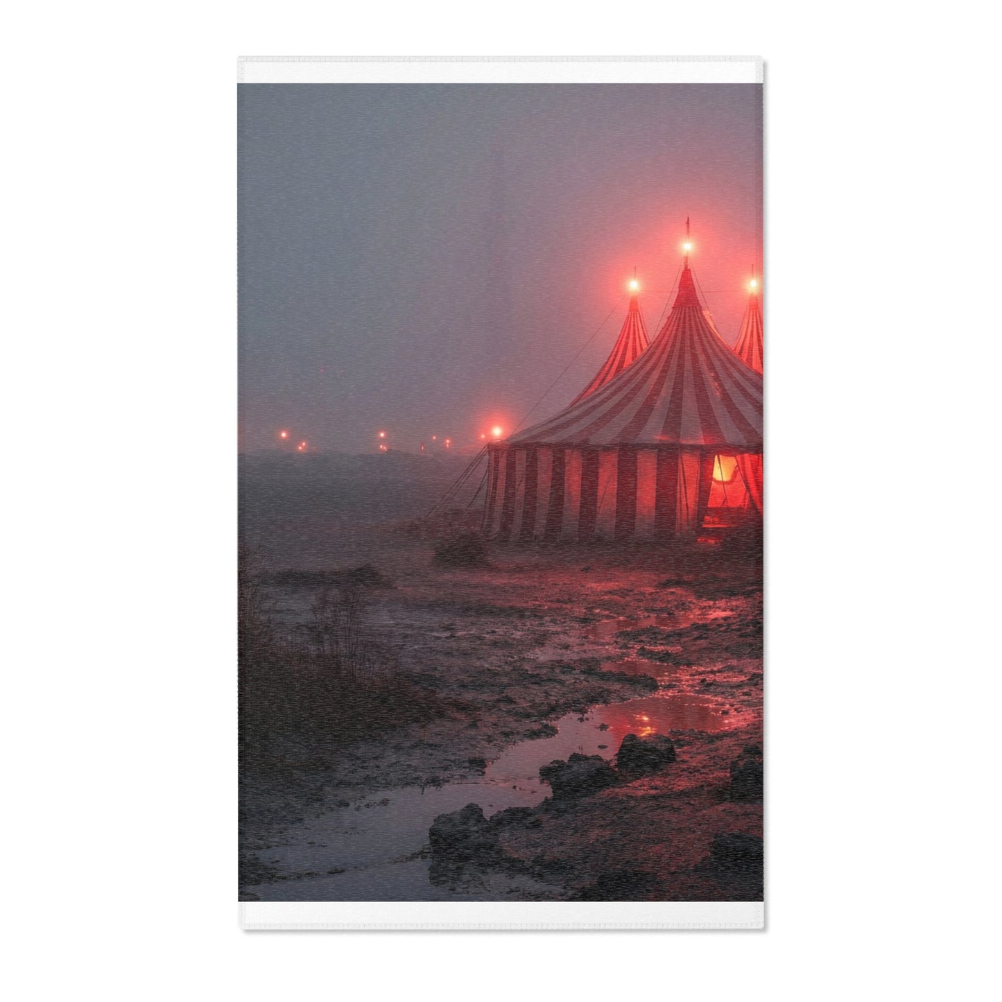 Crimson Circus Tent Area Rug – Fogbound Wonder on the Shore
