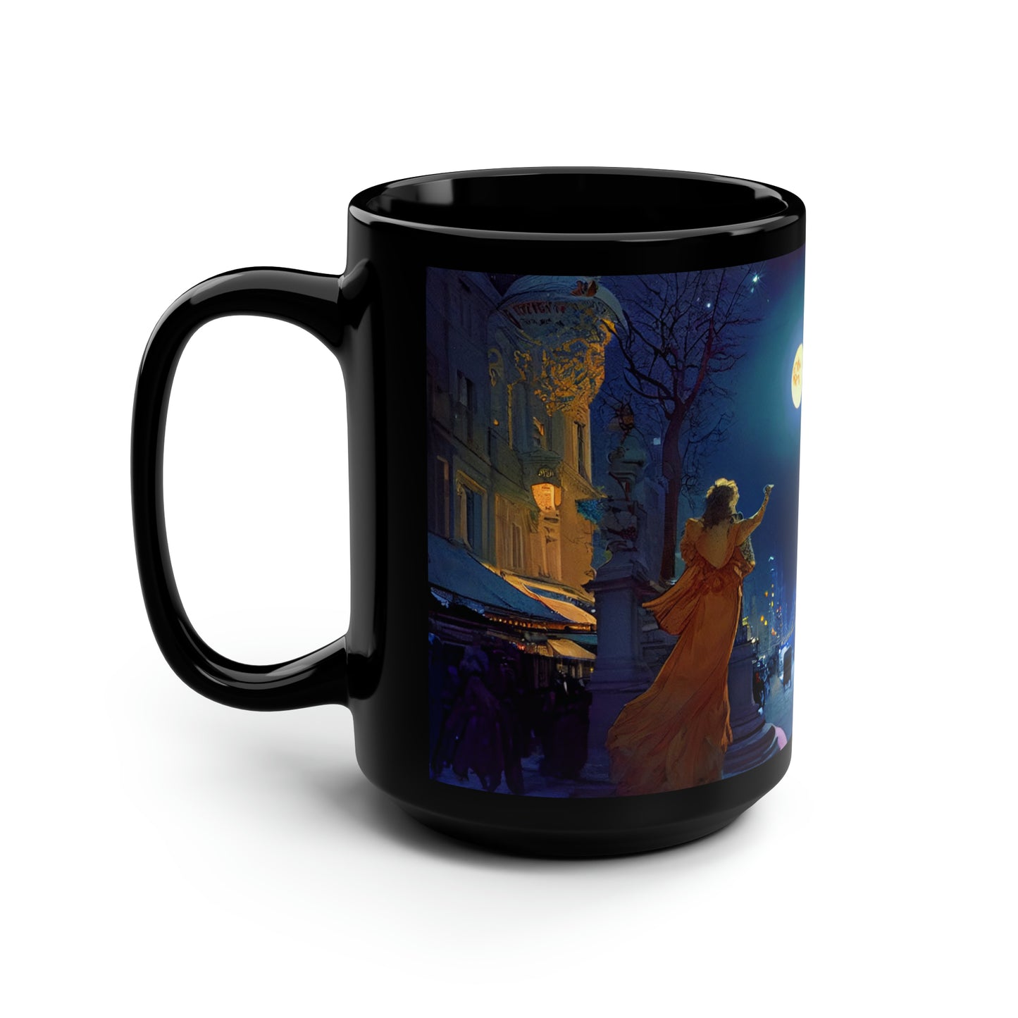 streets of paris at night, winter, glowing lights, moon and stars, dramatic lighting, epic composition, wide angle, by alphonse mucha, maxfield parrish -  black mug, 15oz