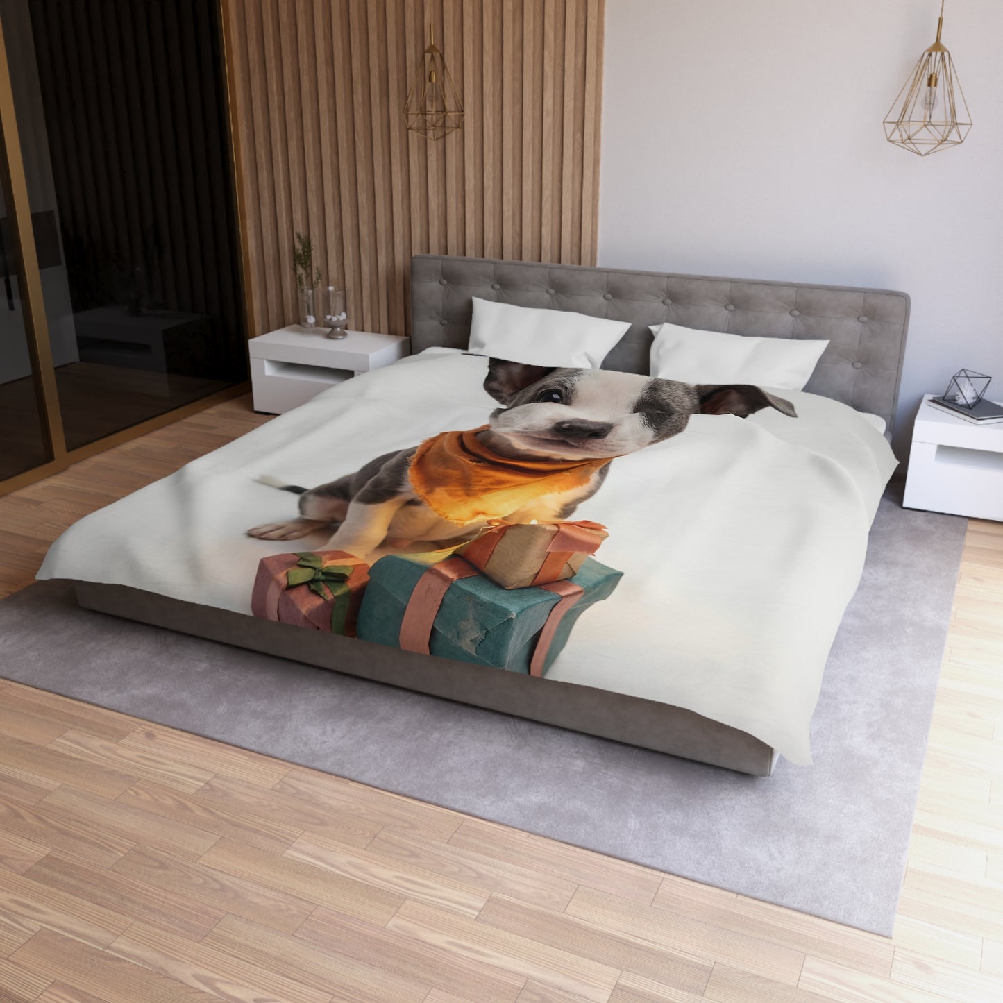 Tiny Gift-Giver Microfiber Duvet Cover – Warm Orange Bandana & Wrapped Presents