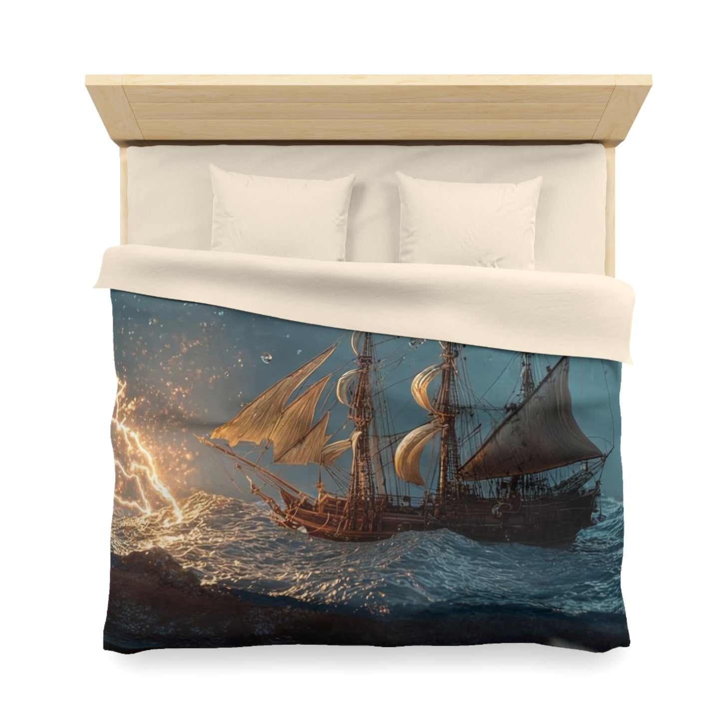 Storm-Sailed Ship in Bottle Microfiber Duvet Cover – Pocketed Ocean Dreamscape