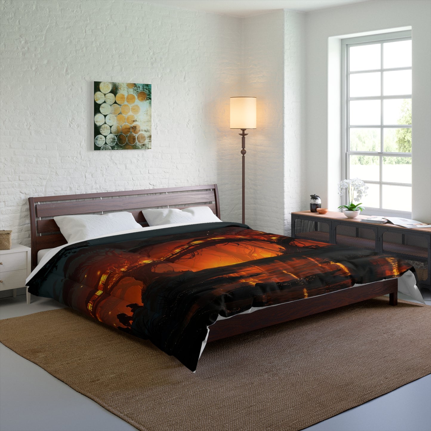 Starlit Canopy Village Comforter – Warm Glow Among Ancient Trees