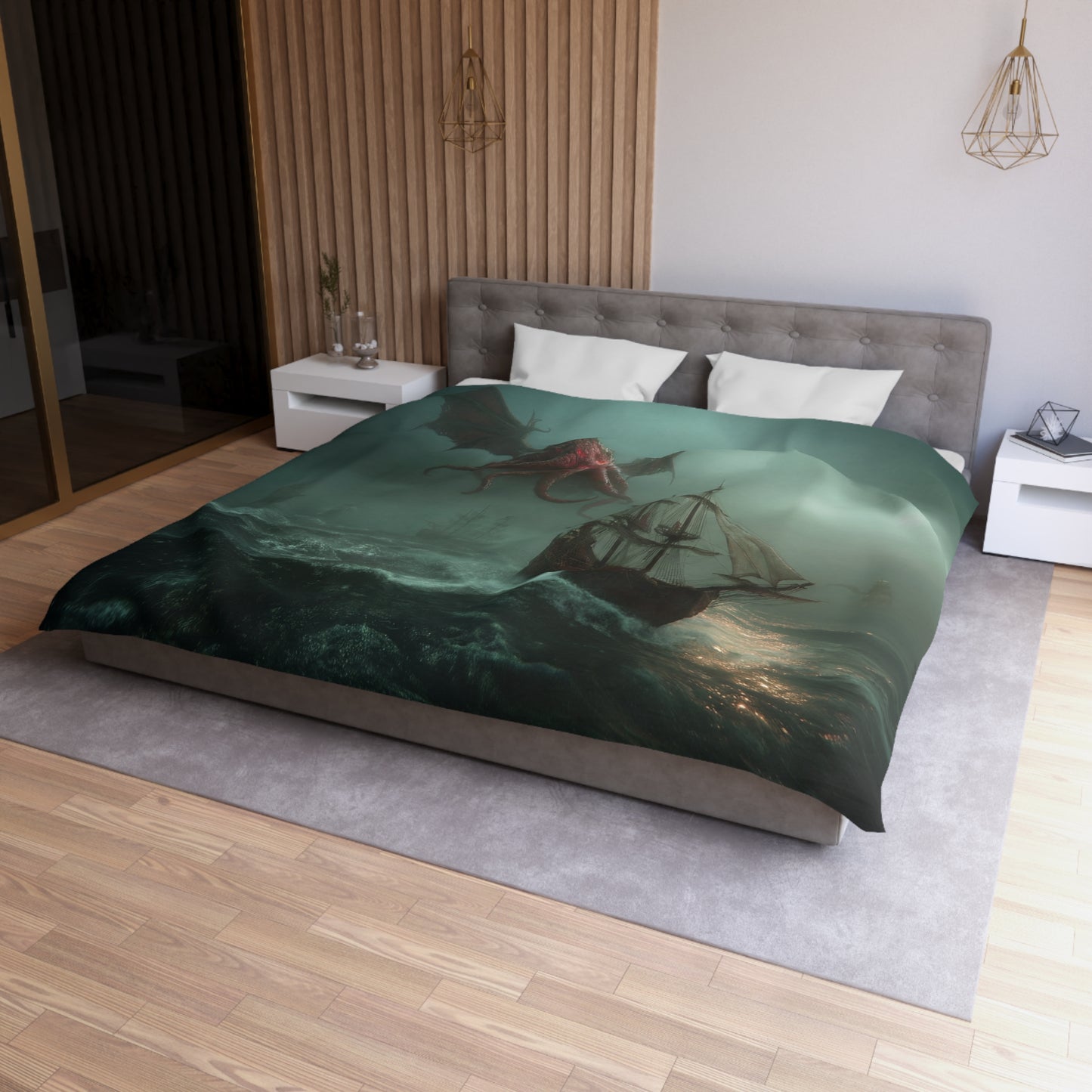 Leviathan Sentinel Microfiber Duvet Cover – Crimson Winged Guardian Seascape