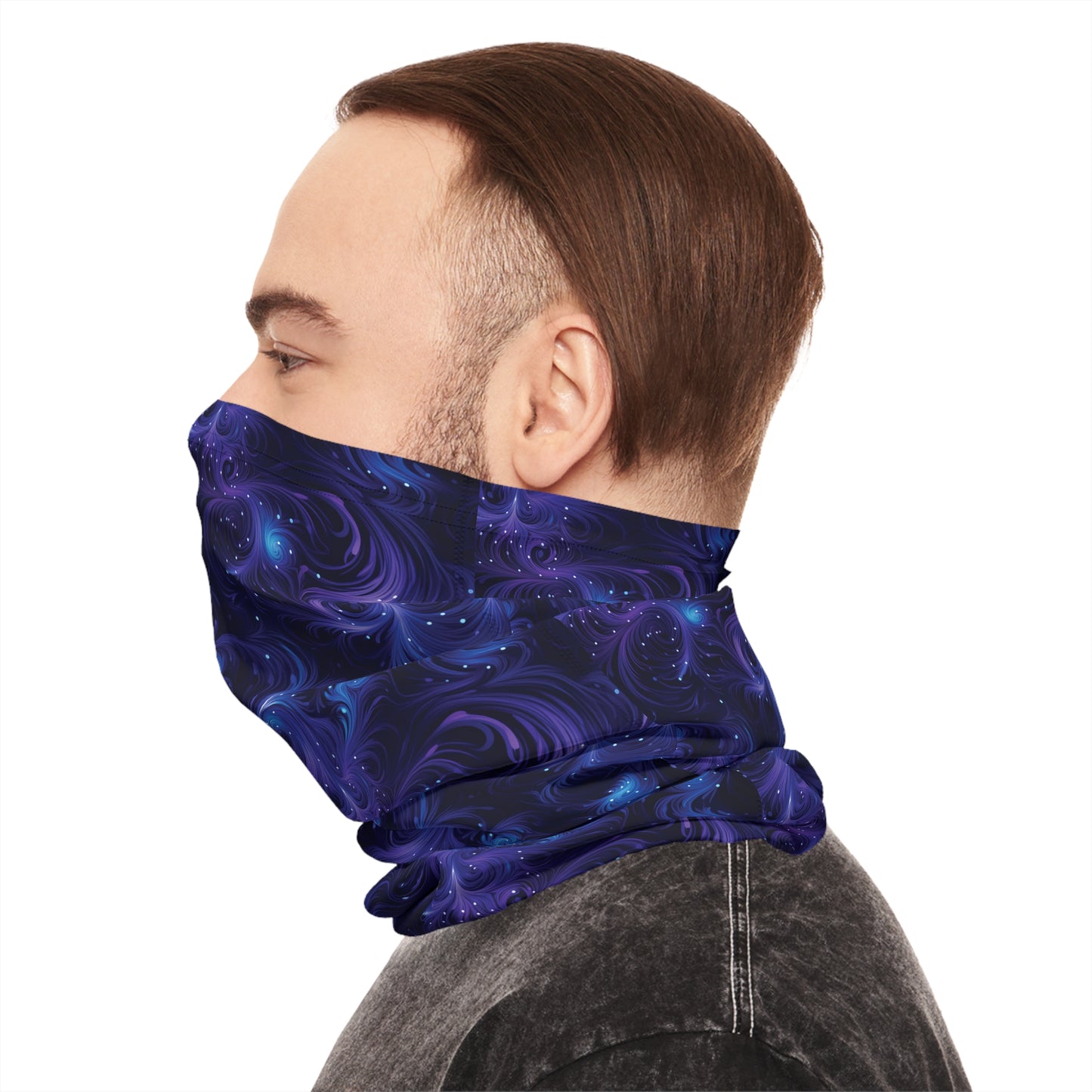 "A tiling pattern of swirling blue and purple fractal shapes reminiscent of galaxy nebulae on a midnight blue background" - Lightweight Neck Gaiter