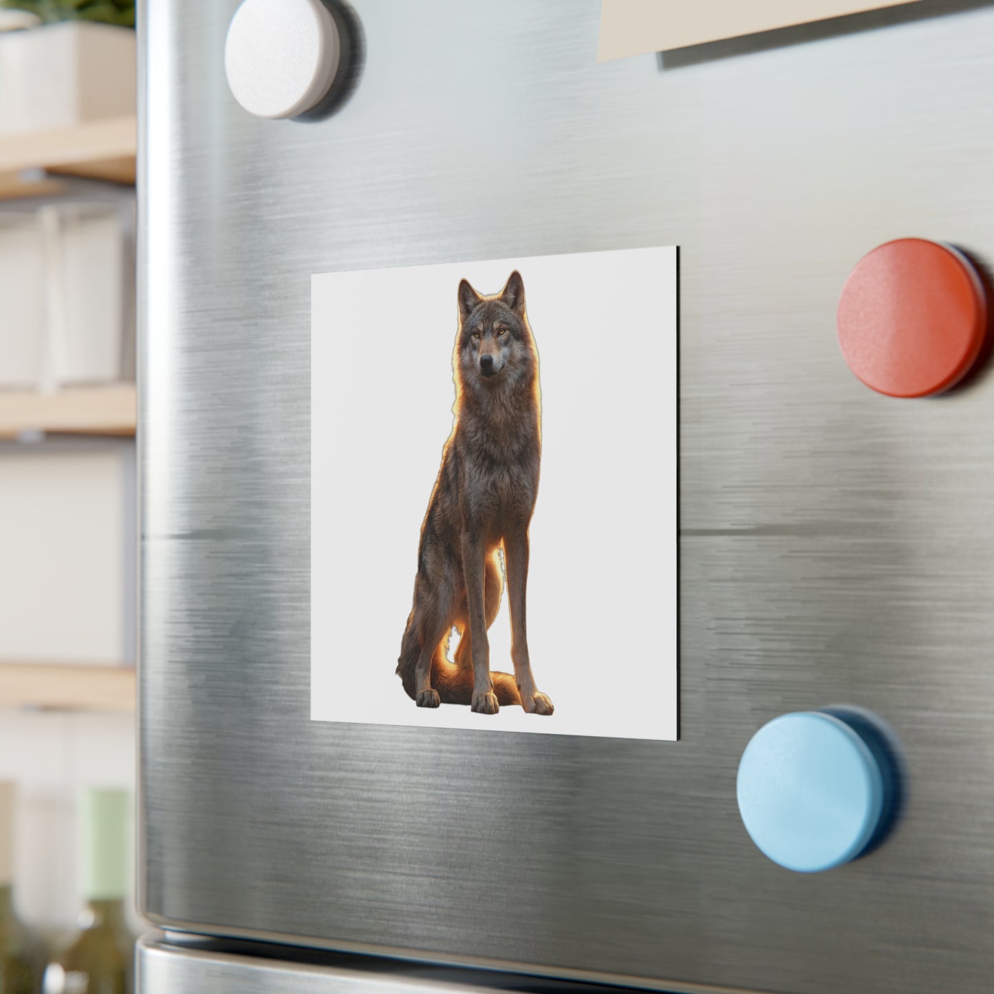 Sitting Wolf Square Magnet – Golden Hour Sentinel on Black