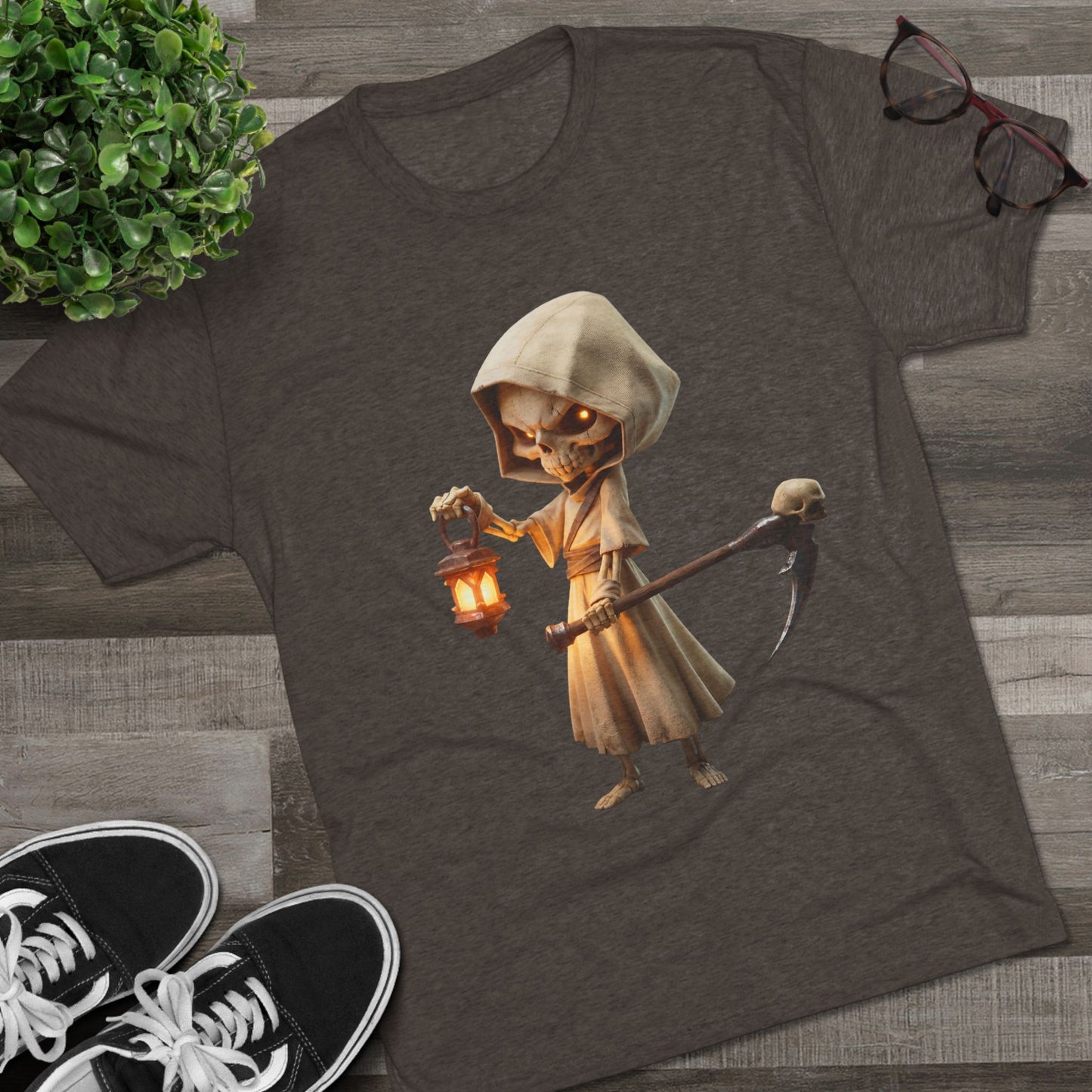 Lantern-Bearing Skeleton Hoodie Tee – Soft Tri-Blend Crewneck with Scythe and Glowing Eyes