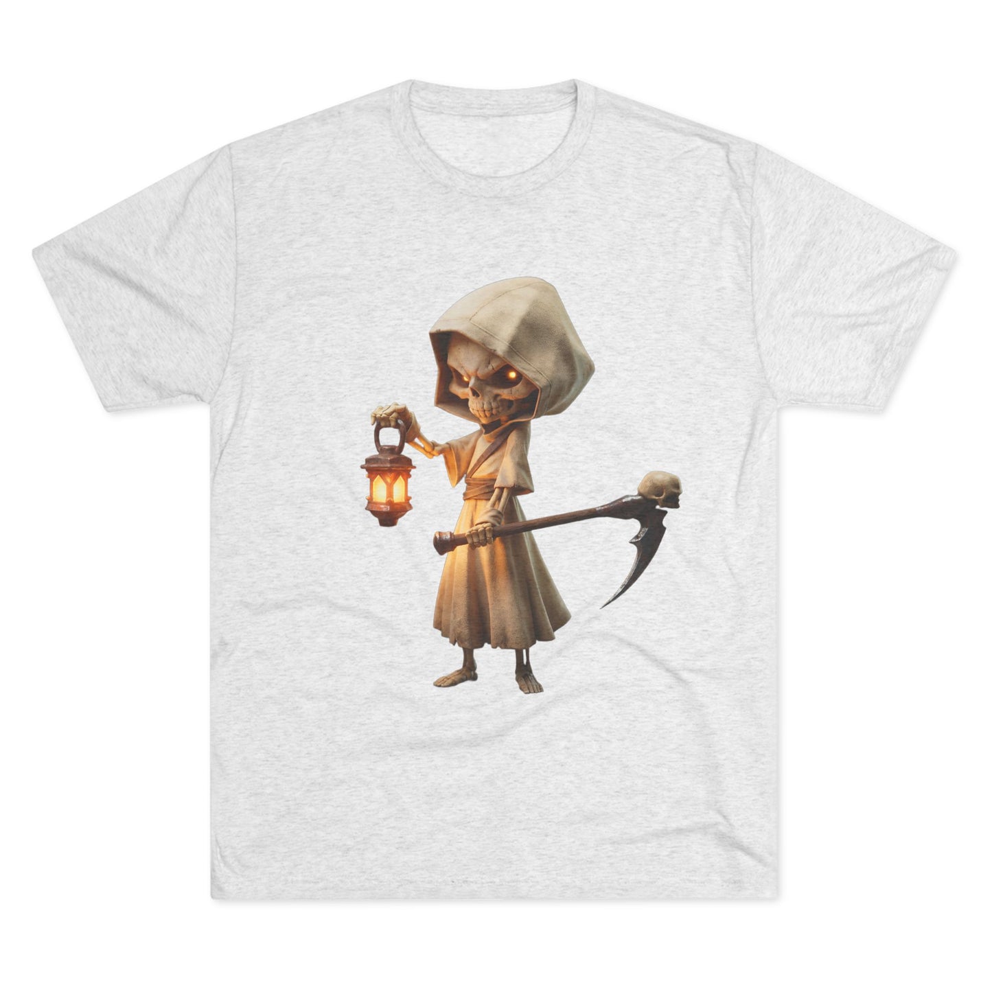 Lantern-Bearing Skeleton Hoodie Tee – Soft Tri-Blend Crewneck with Scythe and Glowing Eyes