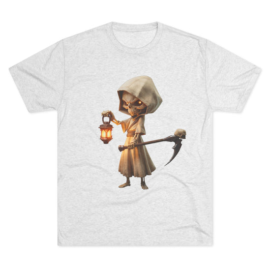 Lantern-Bearing Skeleton Hoodie Tee – Soft Tri-Blend Crewneck with Scythe and Glowing Eyes