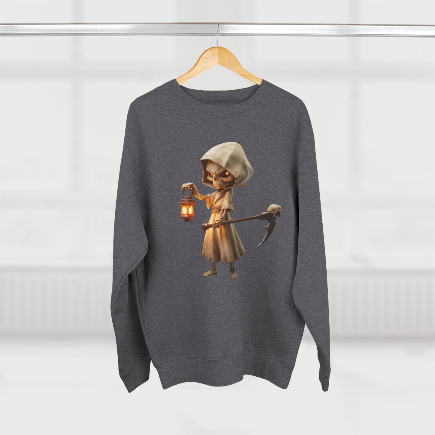 Lantern Bearer Hooded Skeleton Crewneck Sweatshirt – Warm Glow Guardian Art