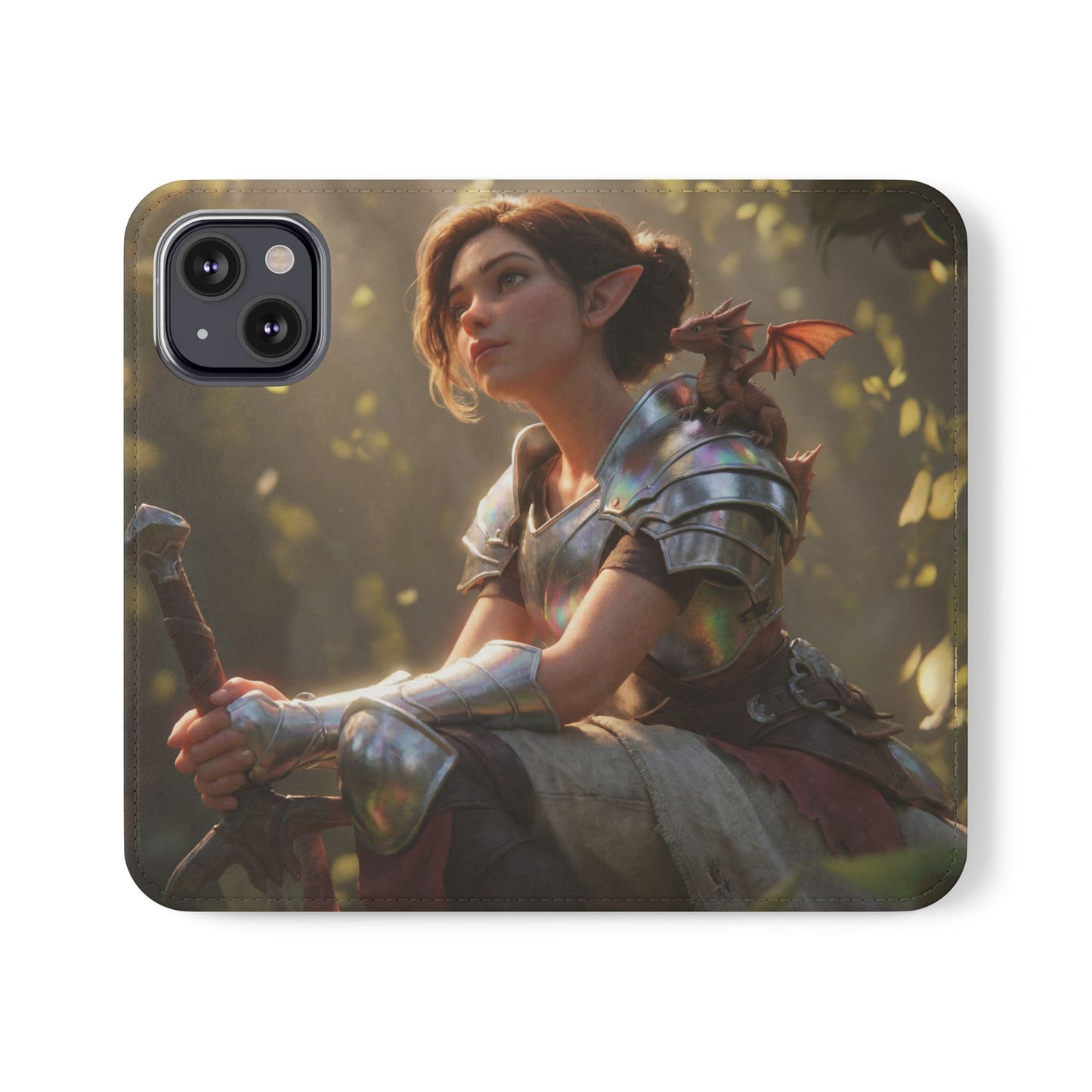 Elven Knight with Dragon Flip Cases – Iridescent Armor & Tiny Guardian Portrait